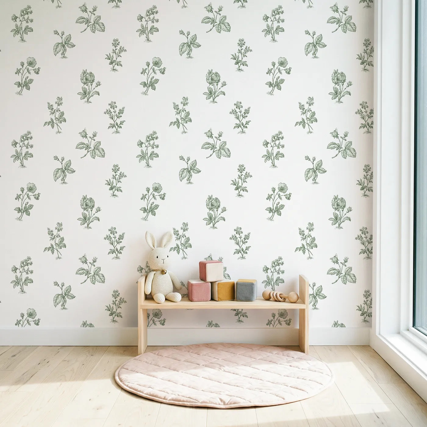 Floral Sprig Toile Garden in Green wallpaper in a styled nursery - Whimsy Tots