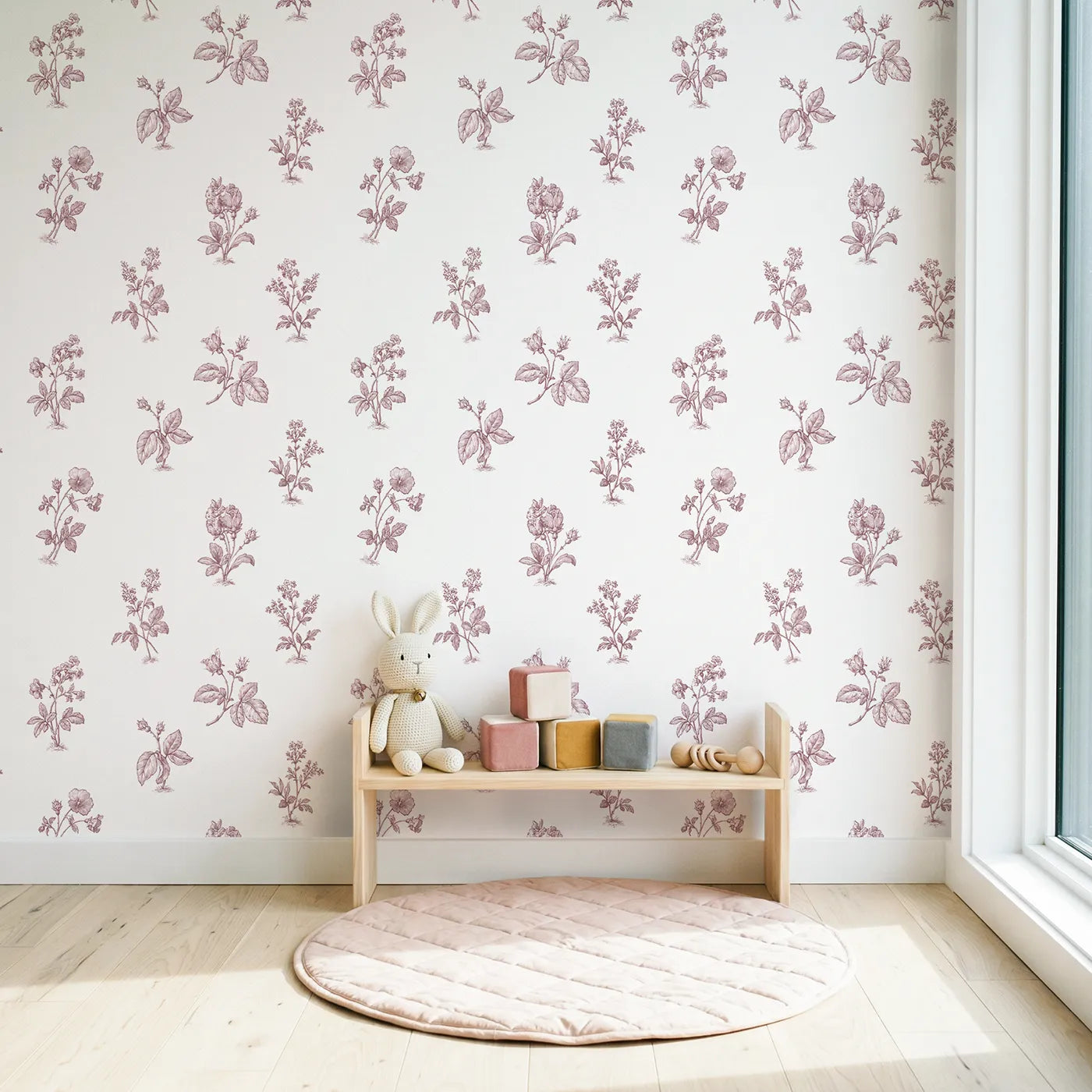 Floral Sprig Toile Garden in Pink wallpaper in a styled nursery - Whimsy Tots