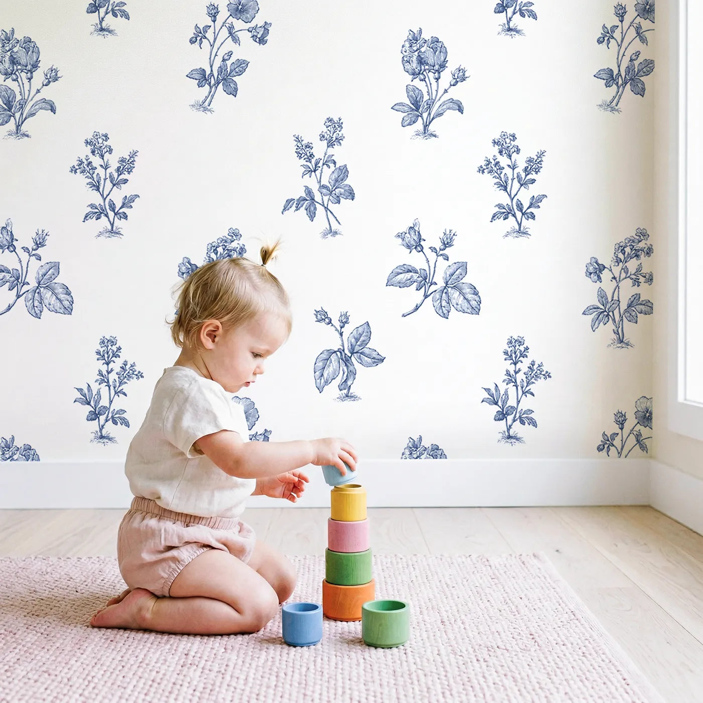 Floral Sprig Toile Garden wallpaper in a cozy kids room - Whimsy Tots