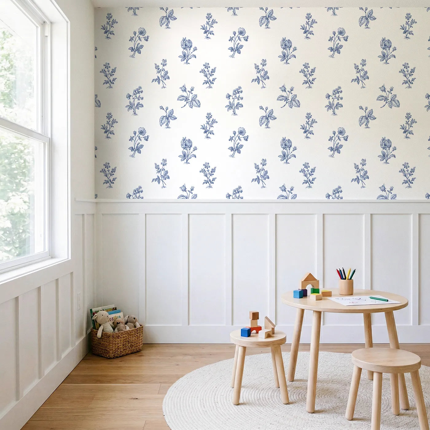 Floral Sprig Toile Garden wallpaper above wainscoting - Whimsy Tots