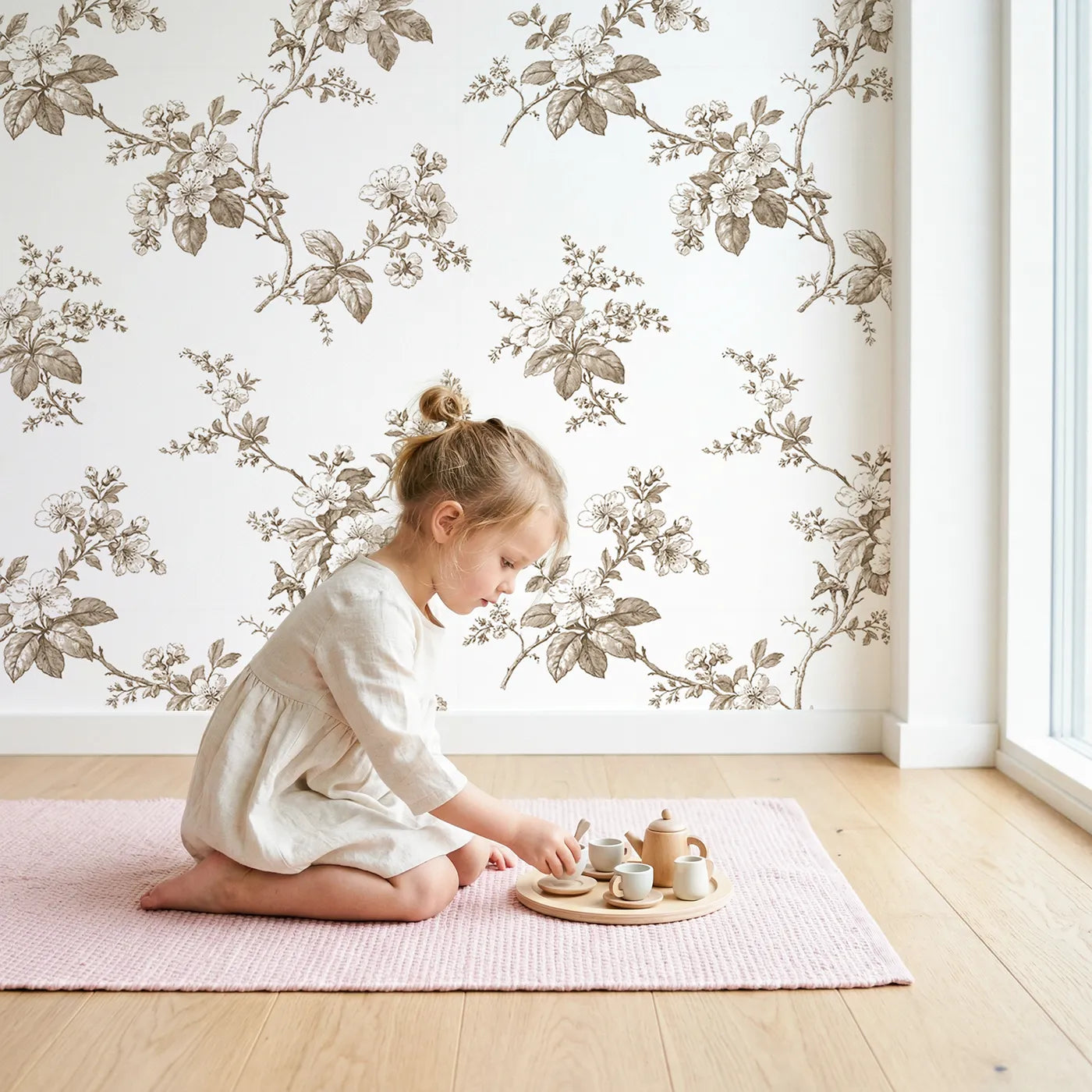 Blossom Toile Toss in Brown wallpaper in a cozy kids room - Whimsy Tots