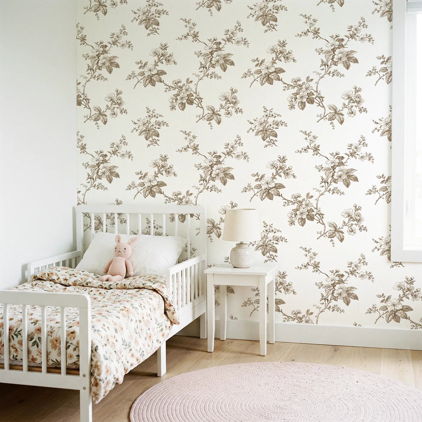 Blossom Toile Toss in Brown wallpaper in a styled nursery - Whimsy Tots