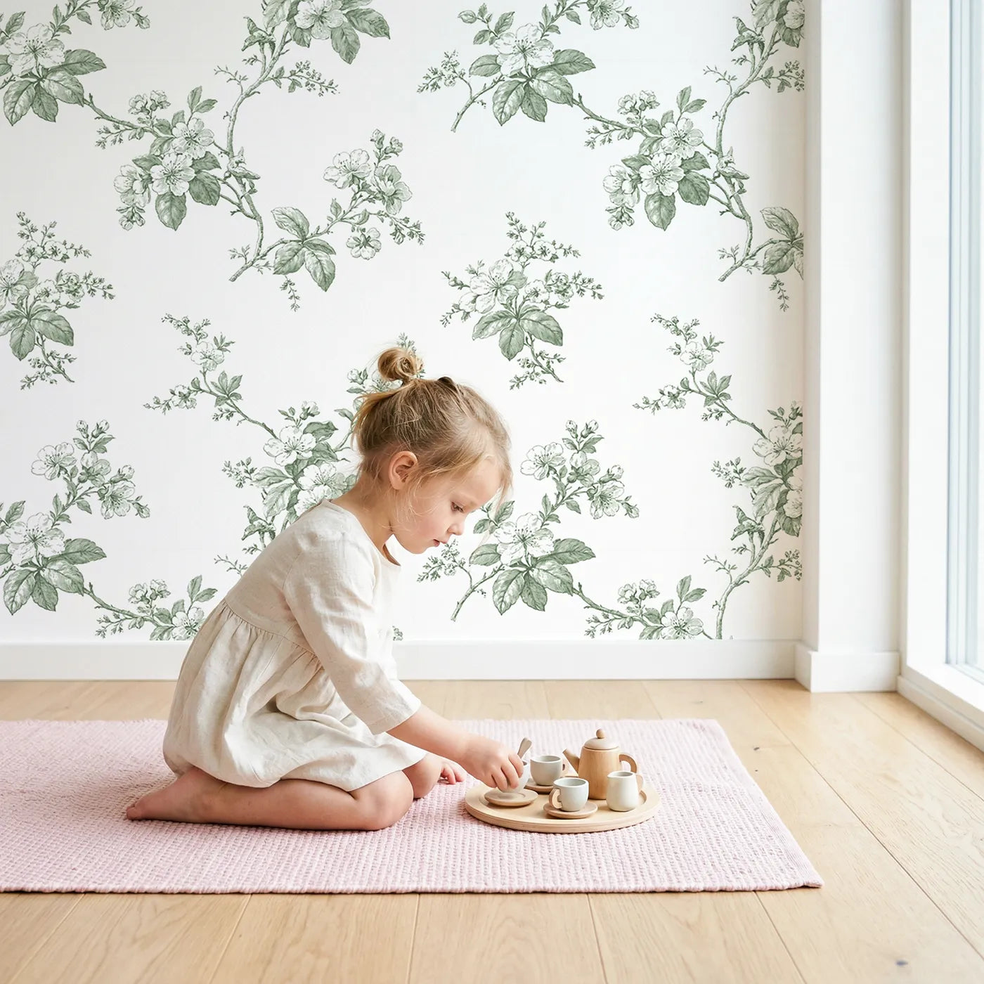 Blossom Toile Toss in Green wallpaper in a cozy kids room - Whimsy Tots