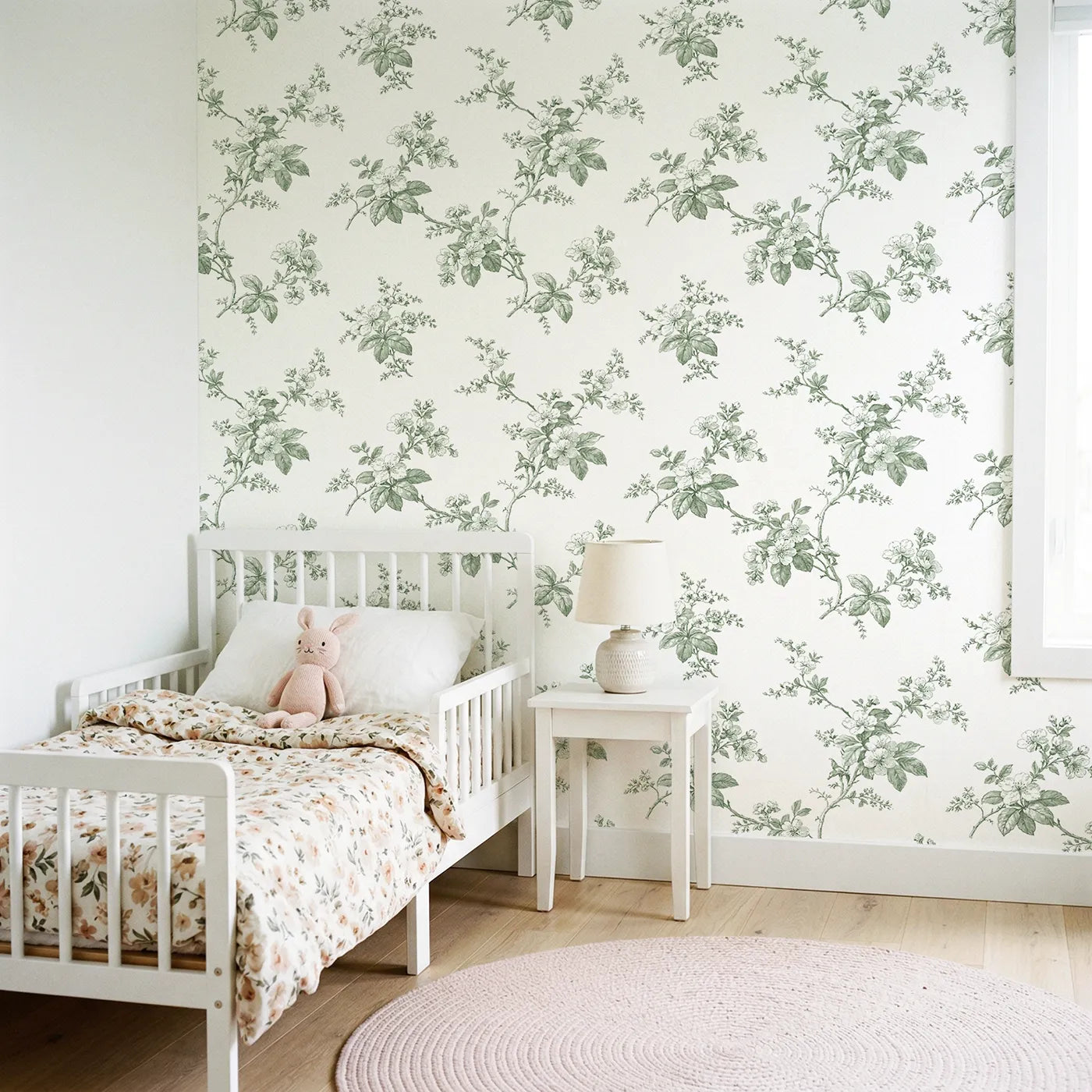 Blossom Toile Toss in Green wallpaper in a styled nursery - Whimsy Tots