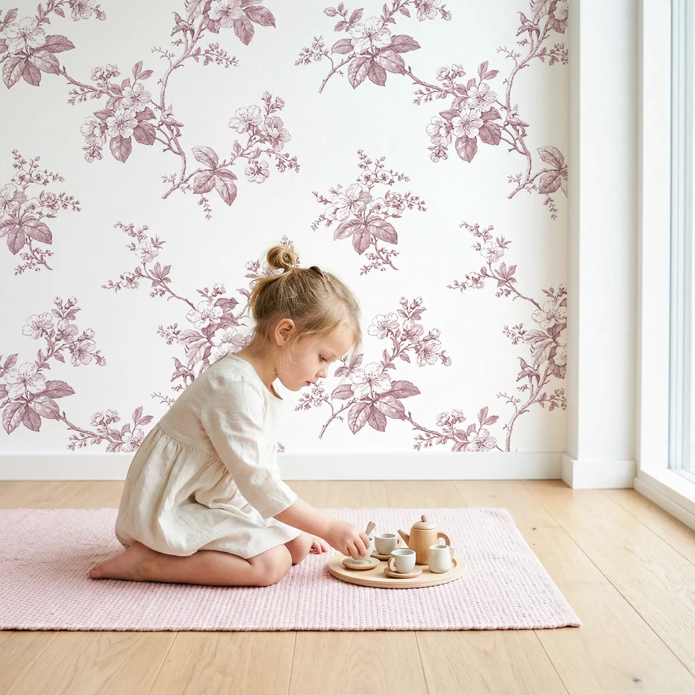 Blossom Toile Toss in Pink wallpaper in a cozy kids room - Whimsy Tots