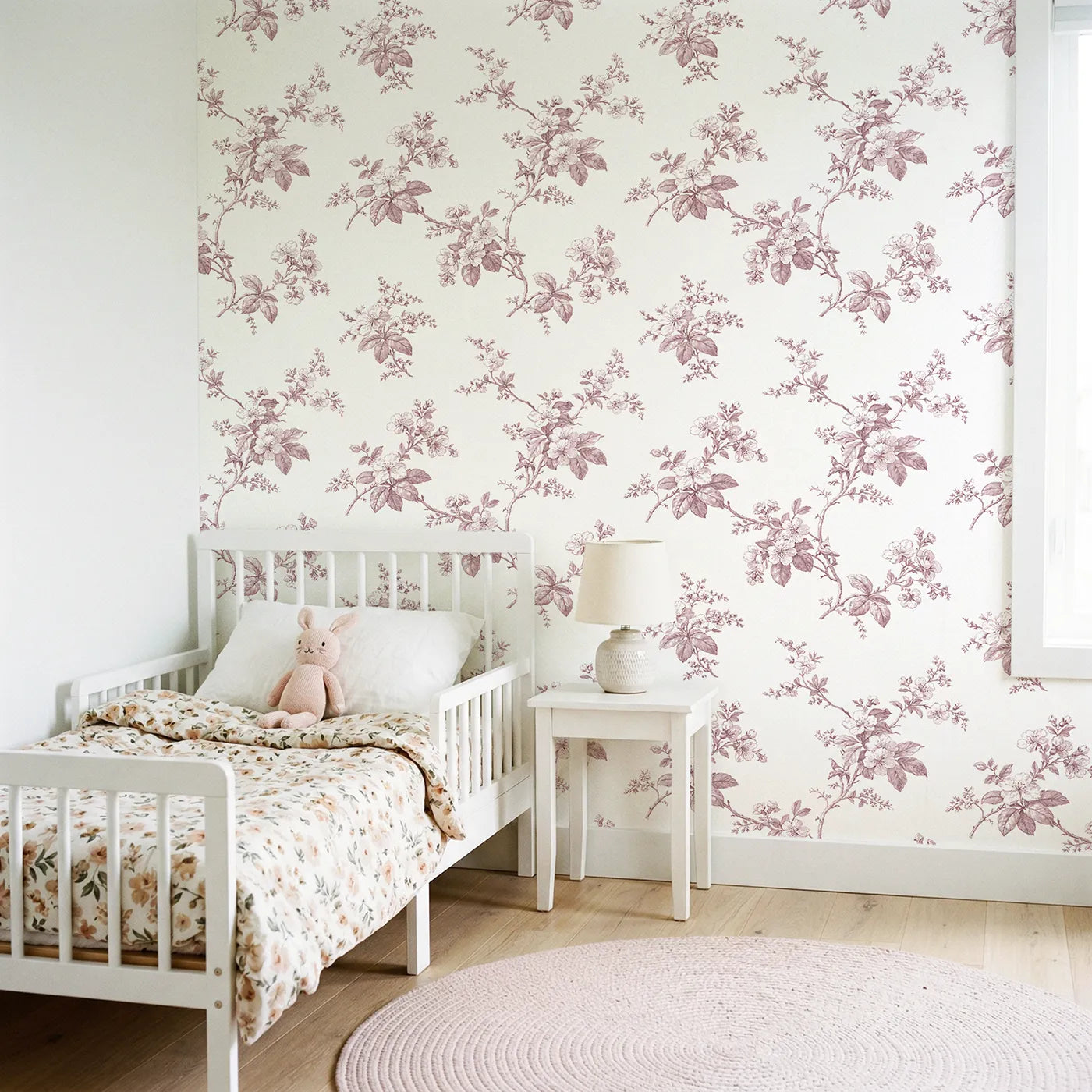 Blossom Toile Toss in Pink wallpaper in a styled nursery - Whimsy Tots