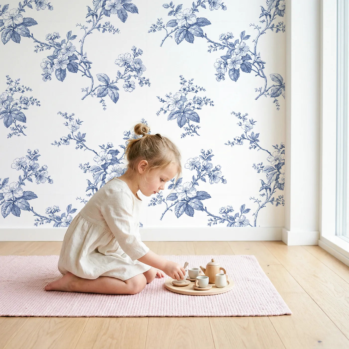 Blossom Toile Toss wallpaper in a cozy kids room - Whimsy Tots