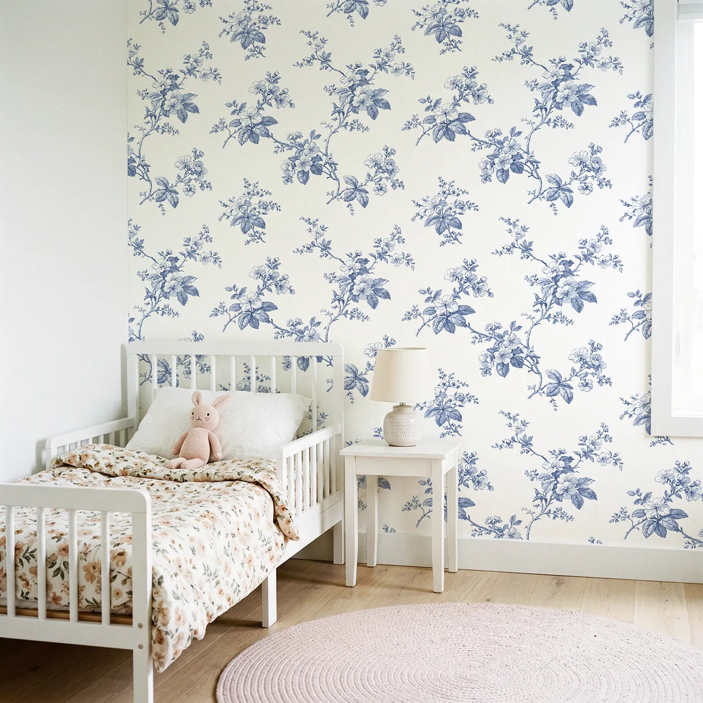 Blossom Toile Toss wallpaper in a styled nursery - Whimsy Tots