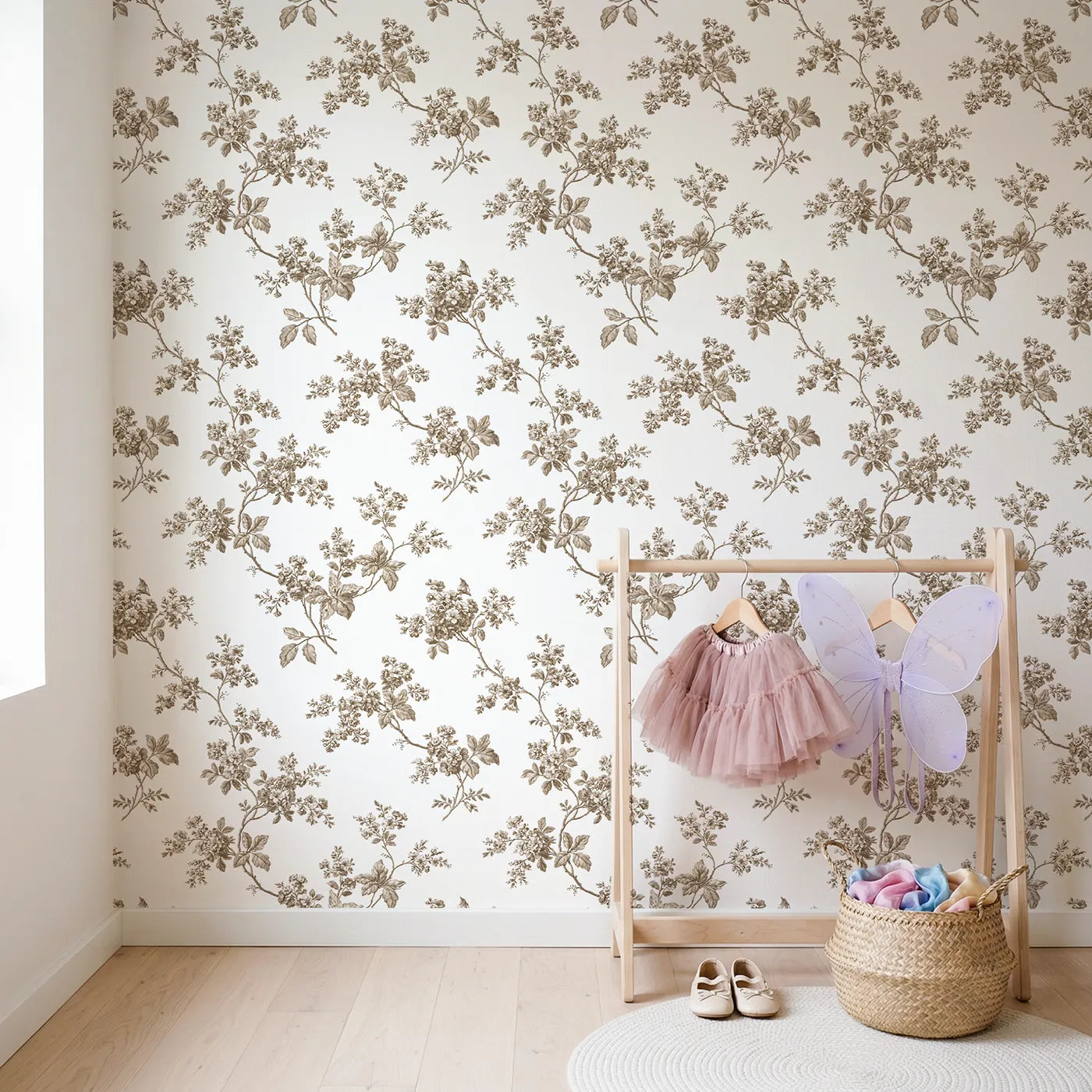 Blossom Toile Rows in Brown wallpaper in a styled nursery - Whimsy Tots