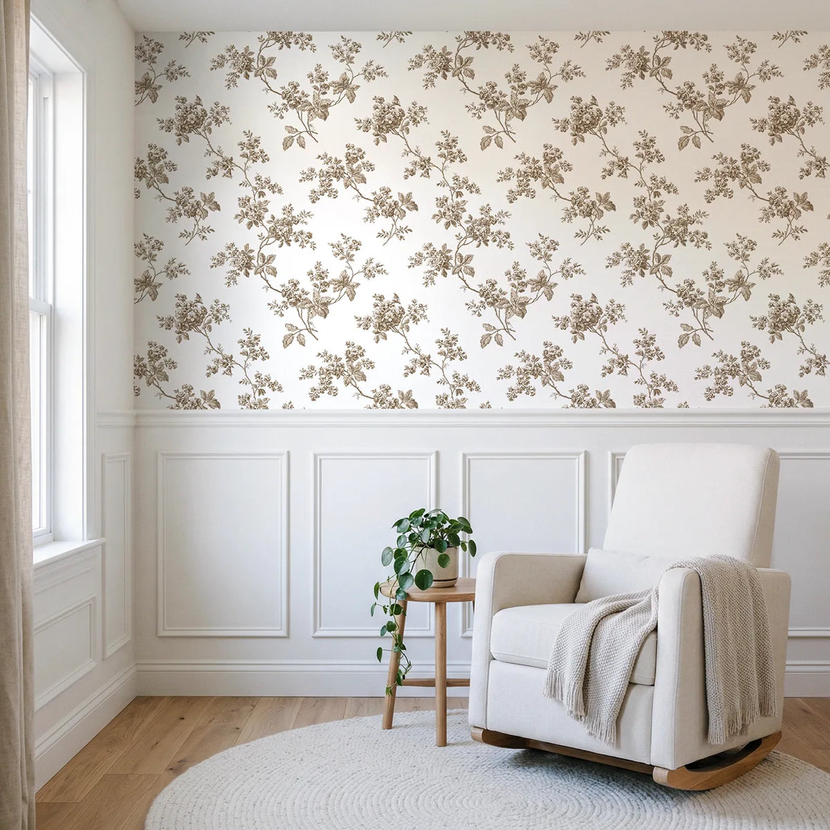 Blossom Toile Rows in Brown wallpaper above wainscoting - Whimsy Tots