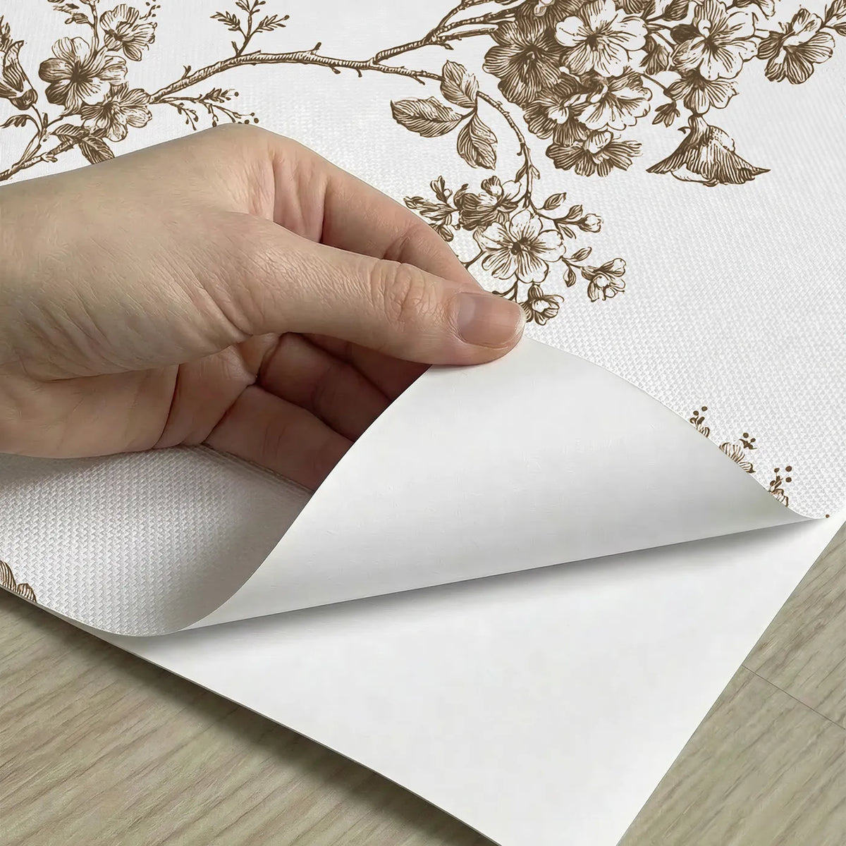 Blossom Toile Rows in Brown peel and stick material close-up - Whimsy Tots