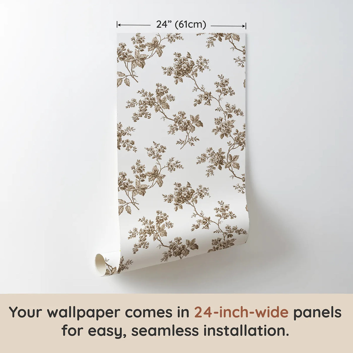 Blossom Toile Rows in Brown wallpaper panel dimensions - Whimsy Tots