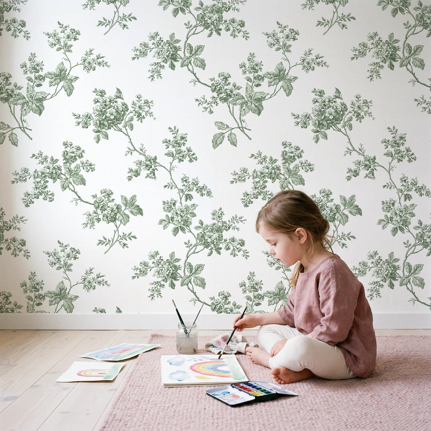 Blossom Toile Rows in Green wallpaper in a cozy kids room - Whimsy Tots