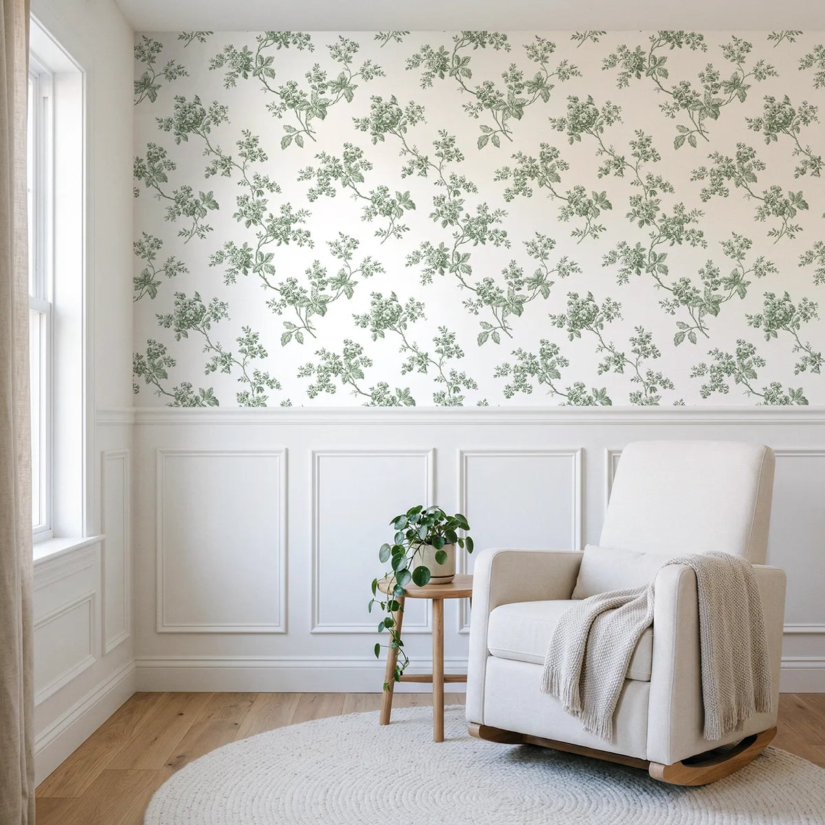 Blossom Toile Rows in Green wallpaper above wainscoting - Whimsy Tots
