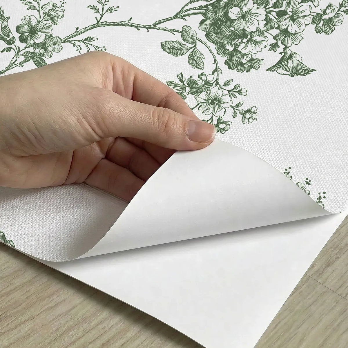 Blossom Toile Rows in Green peel and stick material close-up - Whimsy Tots