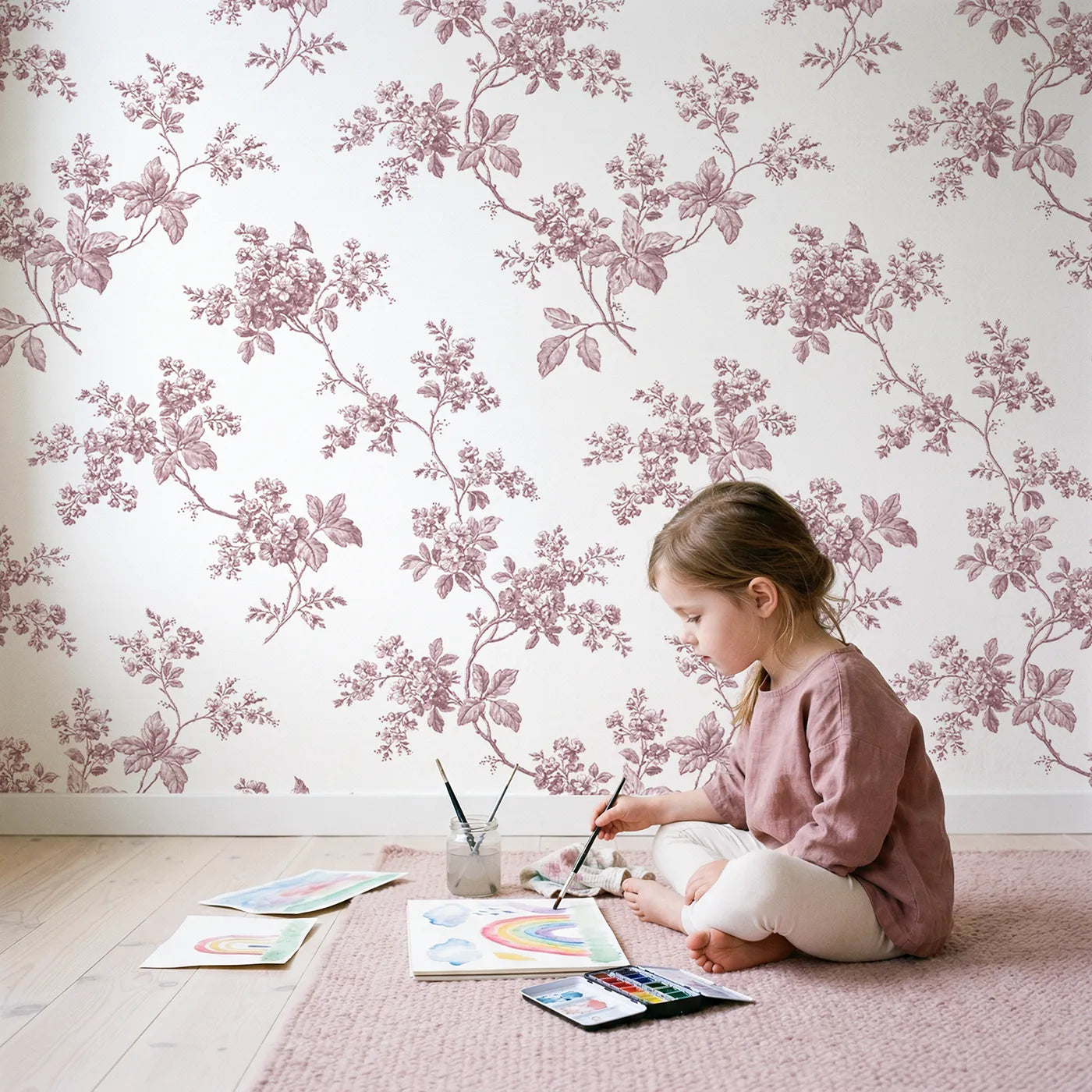 Blossom Toile Rows in Pink wallpaper in a cozy kids room - Whimsy Tots