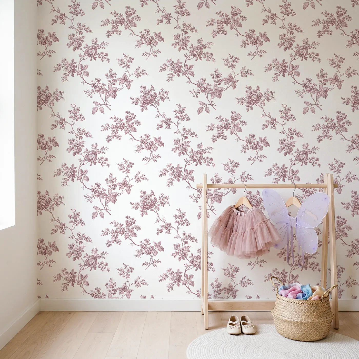 Blossom Toile Rows in Pink wallpaper in a styled nursery - Whimsy Tots