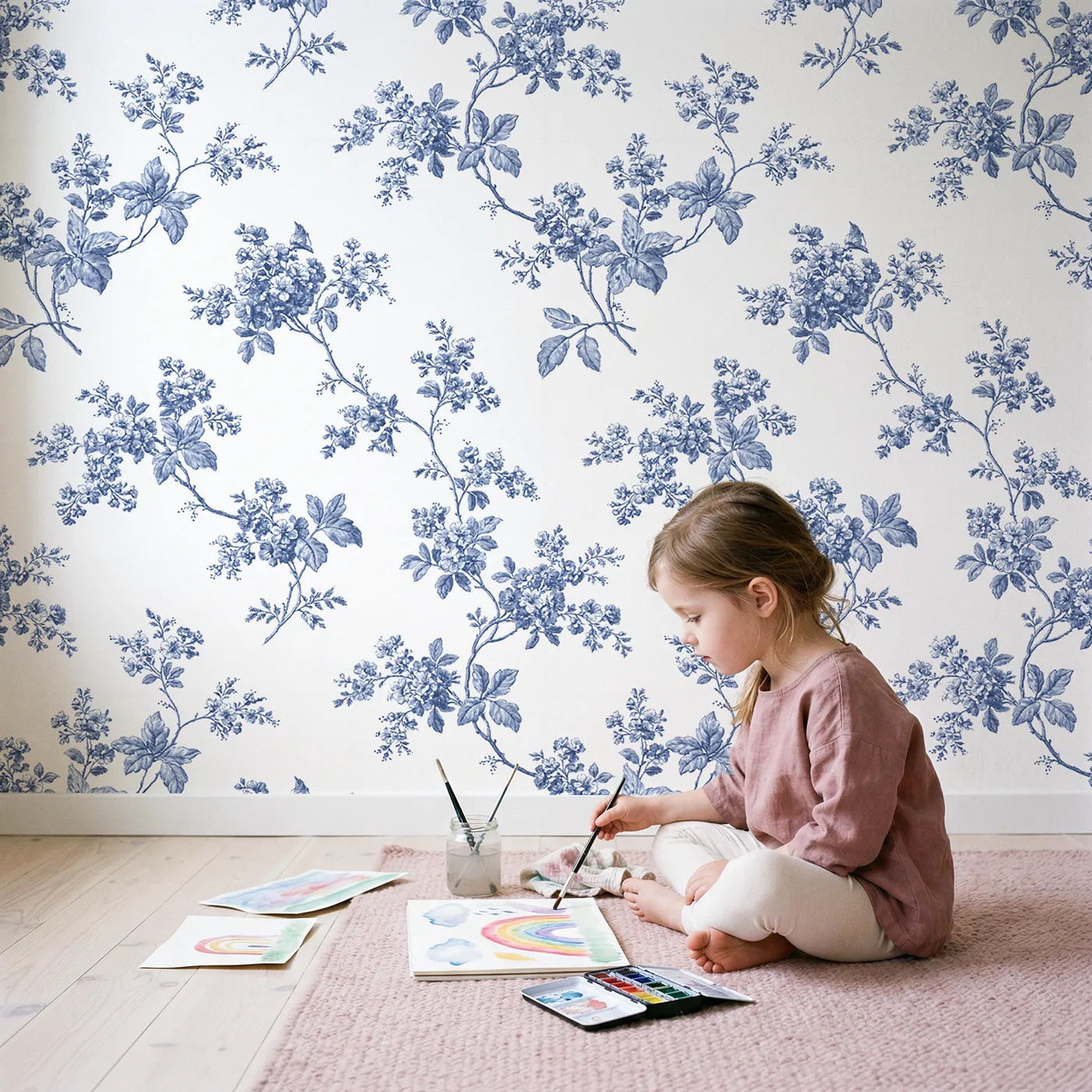 Blossom Toile Rows wallpaper in a cozy kids room - Whimsy Tots