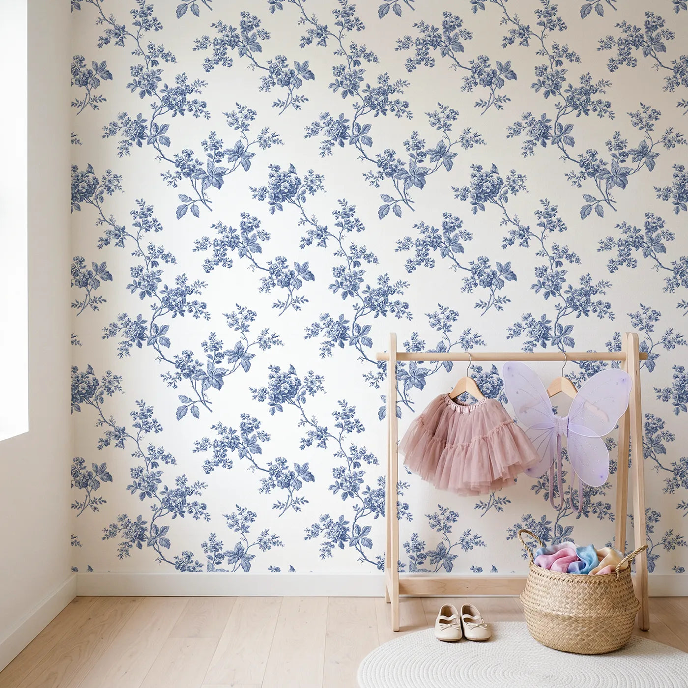 Blossom Toile Rows wallpaper in a styled nursery - Whimsy Tots