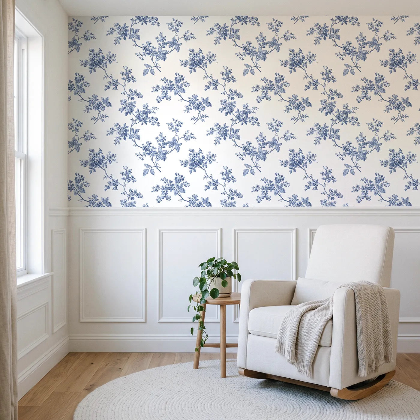 Blossom Toile Rows wallpaper above wainscoting - Whimsy Tots