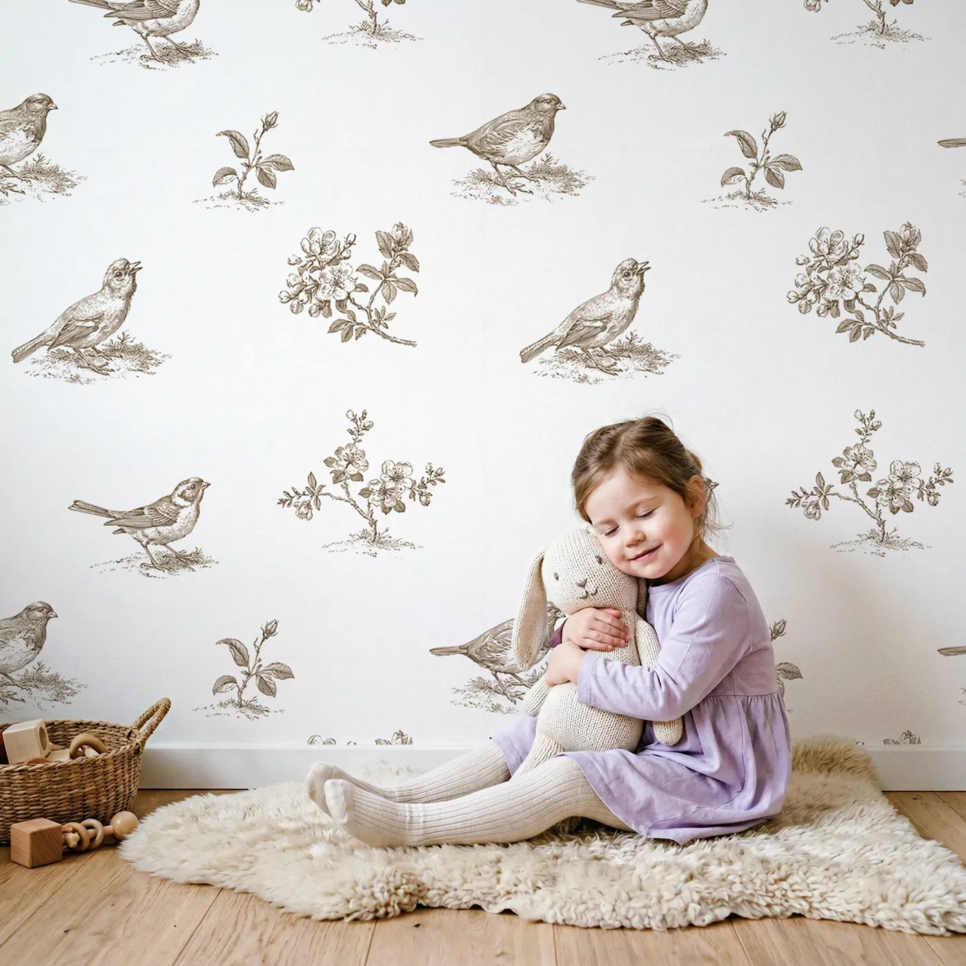 Blossom Toile Scene in Brown wallpaper in a cozy kids room - Whimsy Tots