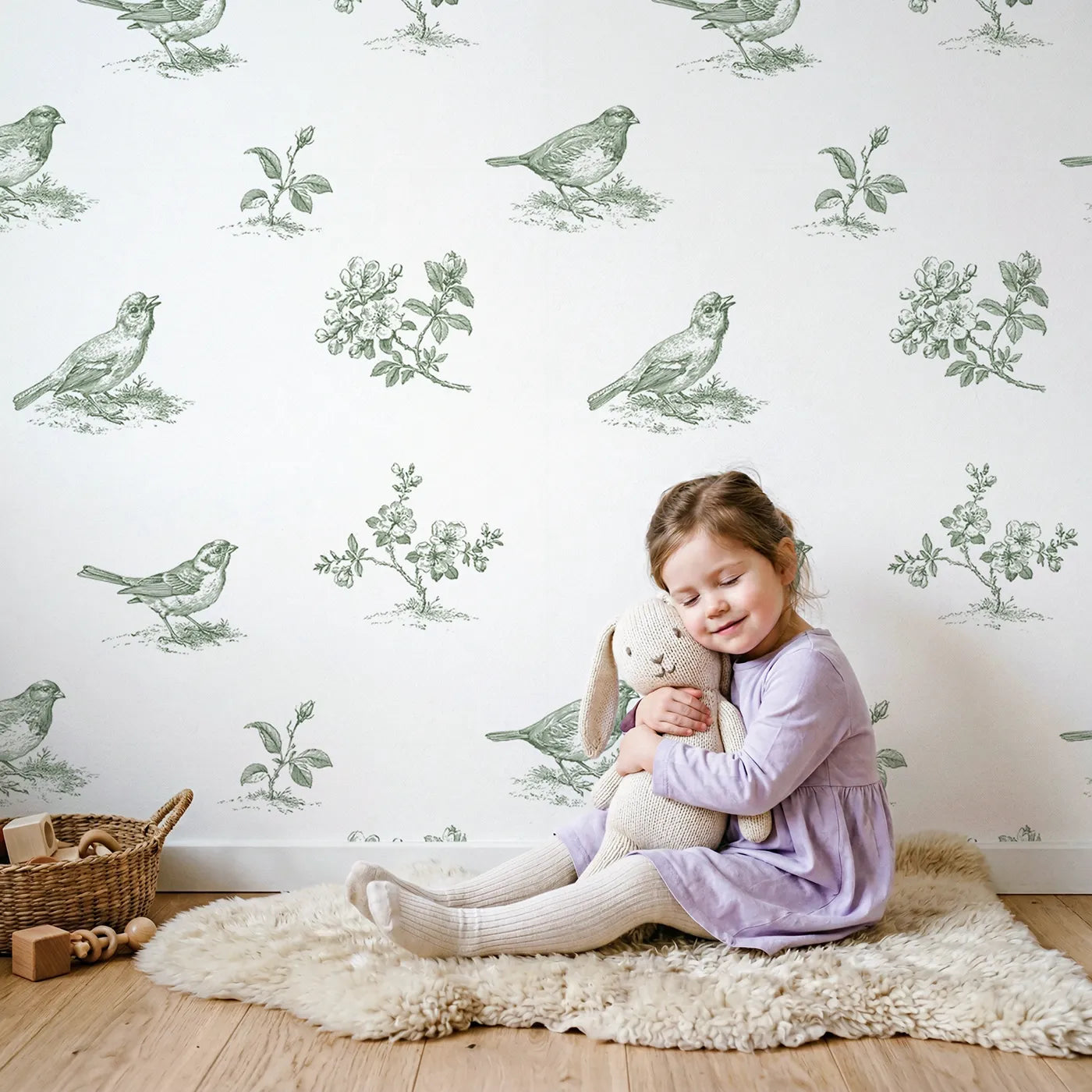 Blossom Toile Scene in Green wallpaper in a cozy kids room - Whimsy Tots