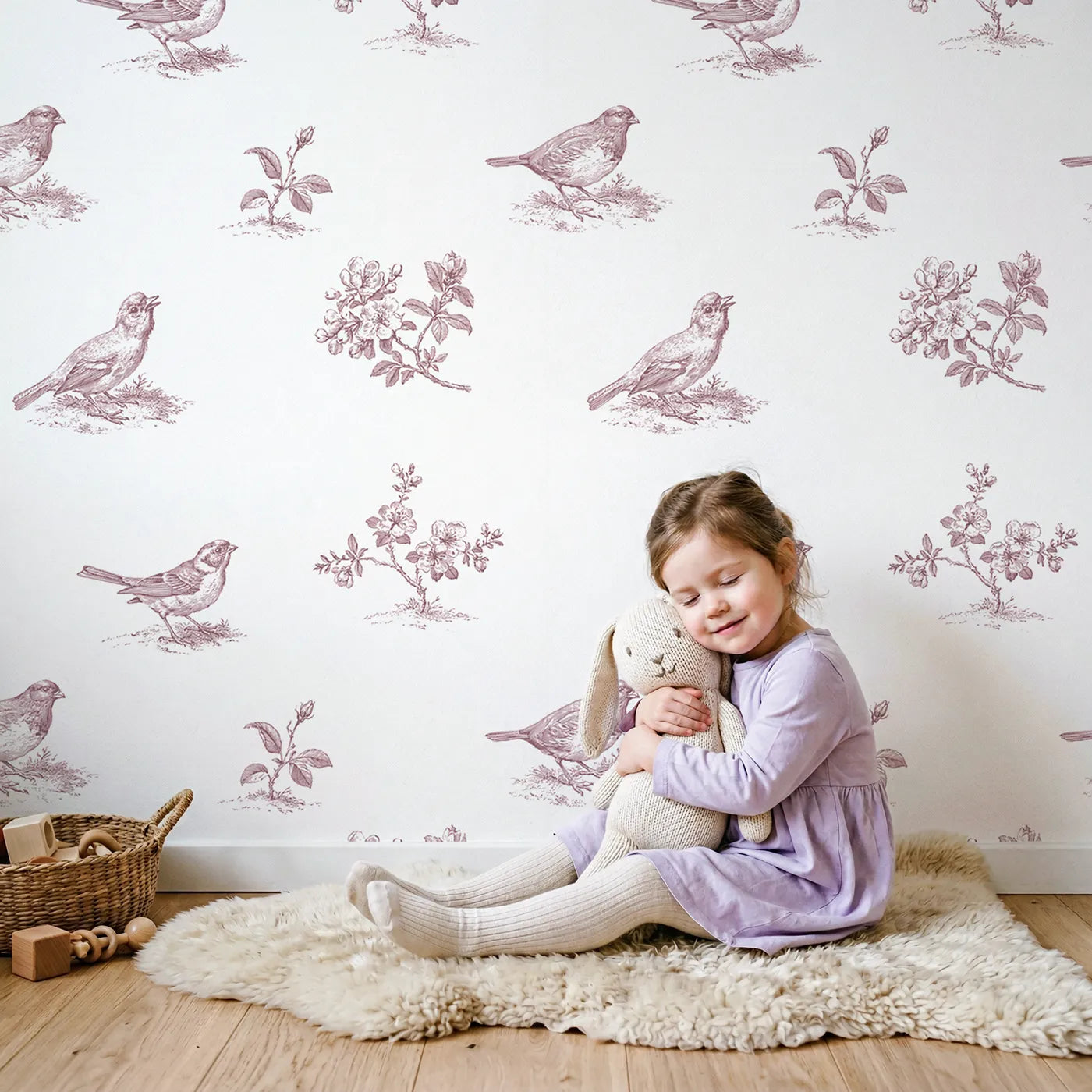 Blossom Toile Scene in Pink wallpaper in a cozy kids room - Whimsy Tots