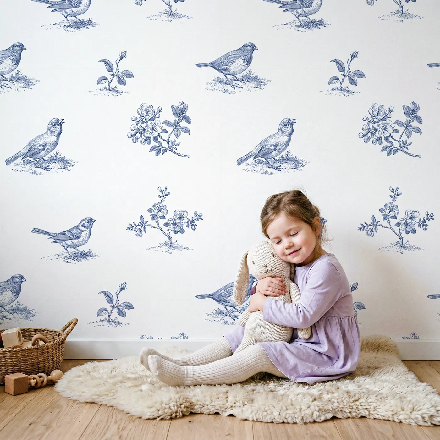 Blossom Toile Scene wallpaper in a cozy kids room - Whimsy Tots