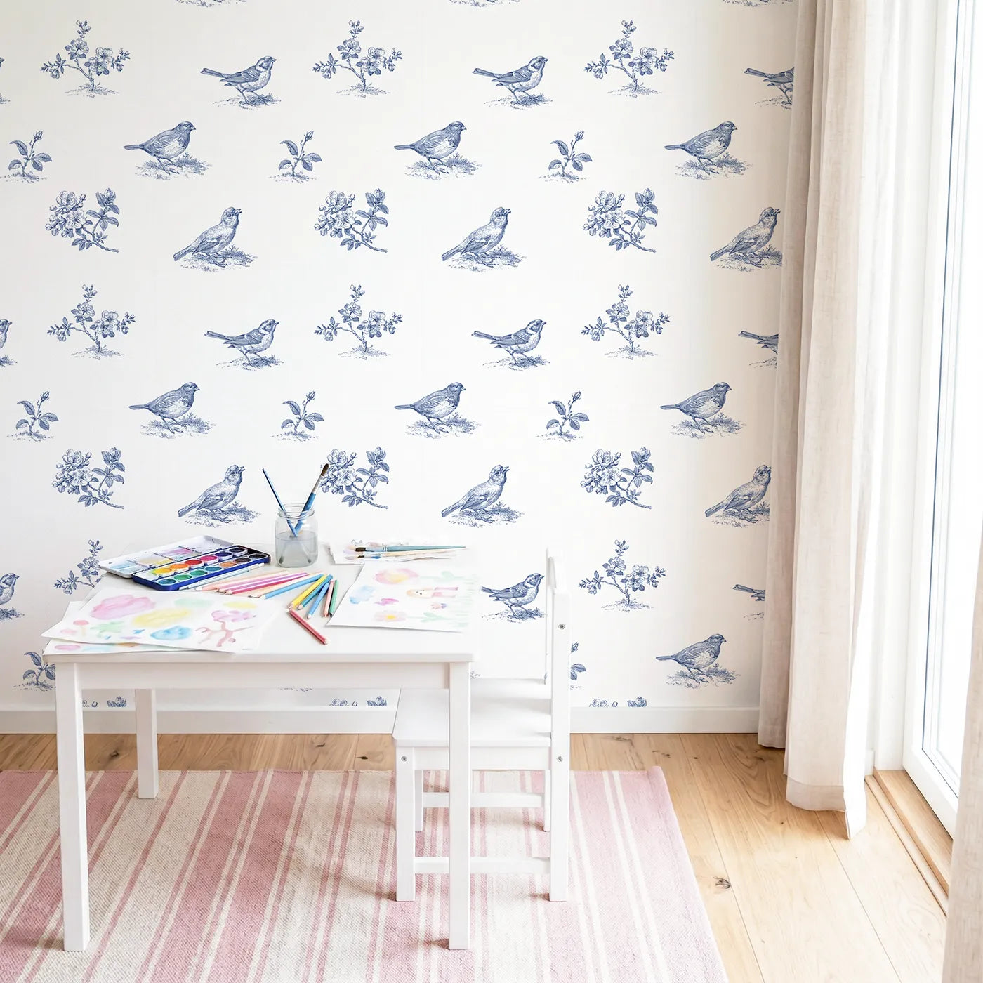 Blossom Toile Scene wallpaper in a styled nursery - Whimsy Tots