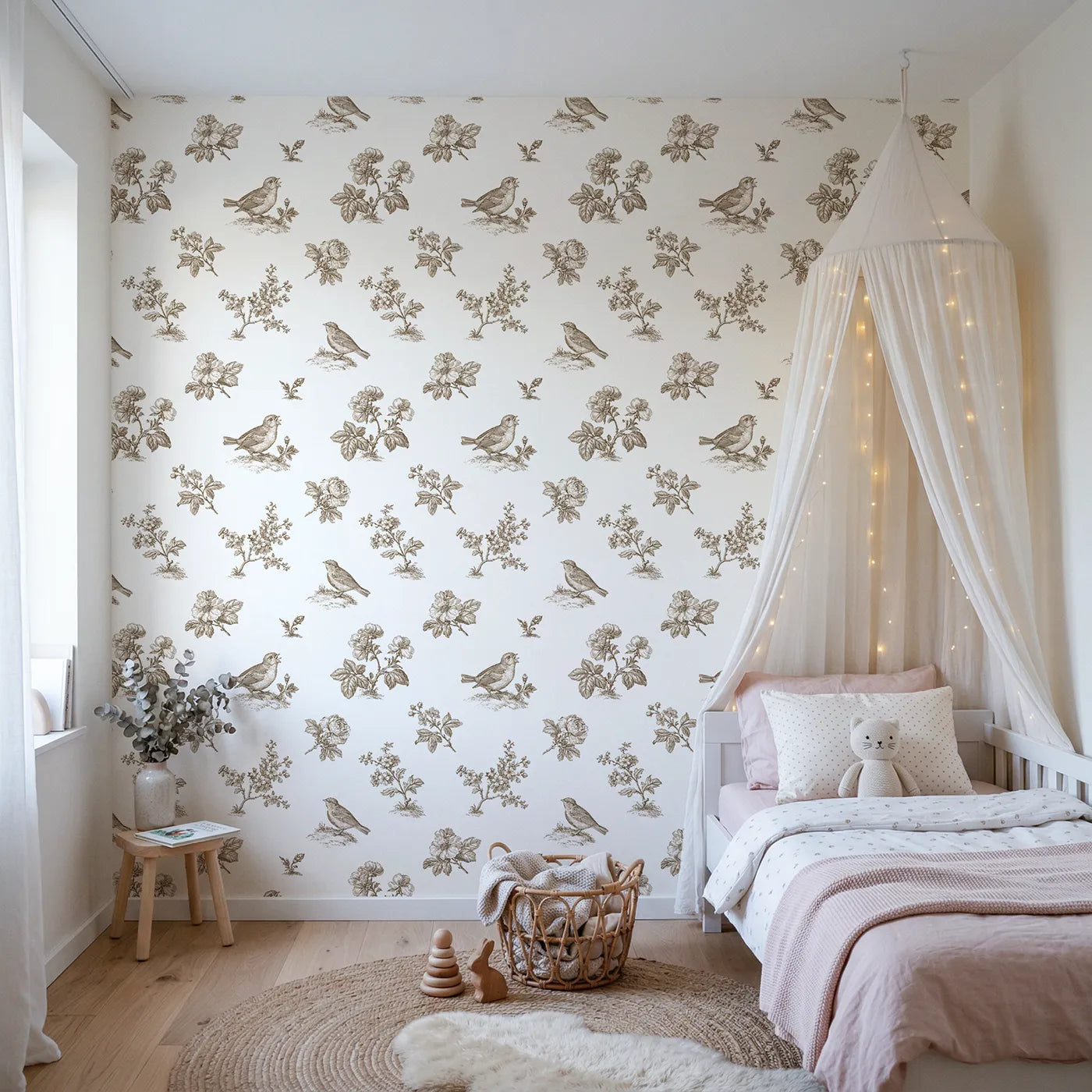 Blossom Toile Garden in Brown wallpaper in a styled nursery - Whimsy Tots
