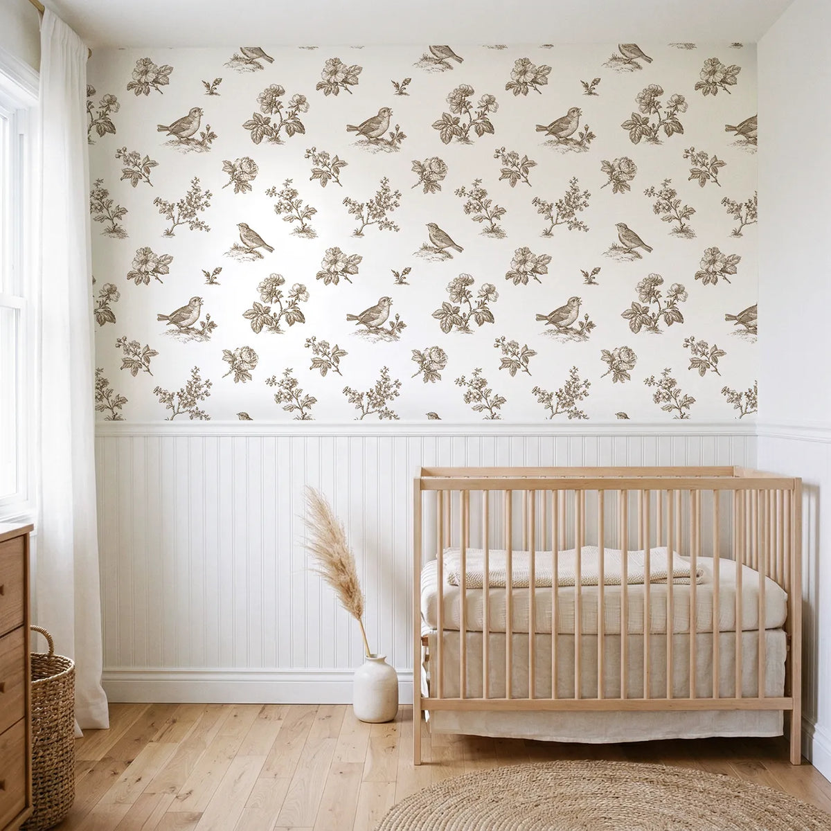 Blossom Toile Garden in Brown wallpaper above wainscoting - Whimsy Tots