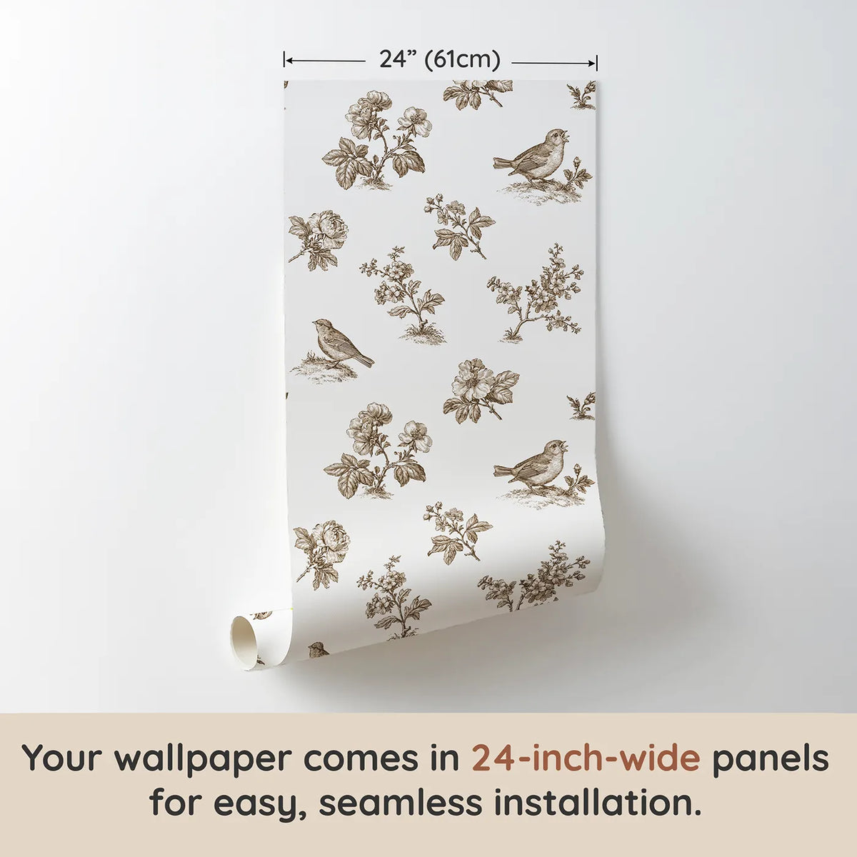 Blossom Toile Garden in Brown wallpaper panel dimensions - Whimsy Tots