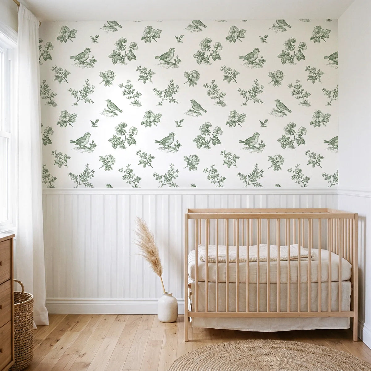 Blossom Toile Garden in Green wallpaper above wainscoting - Whimsy Tots