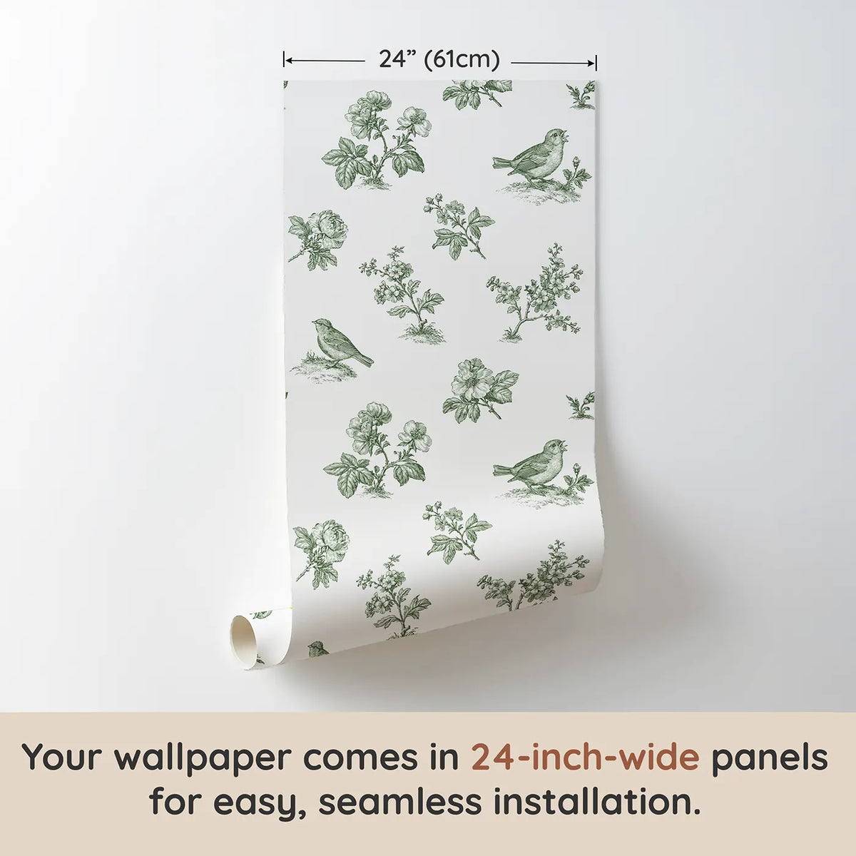 Blossom Toile Garden in Green wallpaper panel dimensions - Whimsy Tots