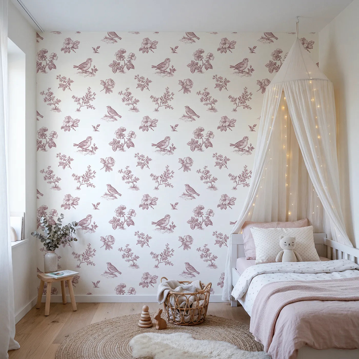 Blossom Toile Garden in Pink wallpaper in a styled nursery - Whimsy Tots