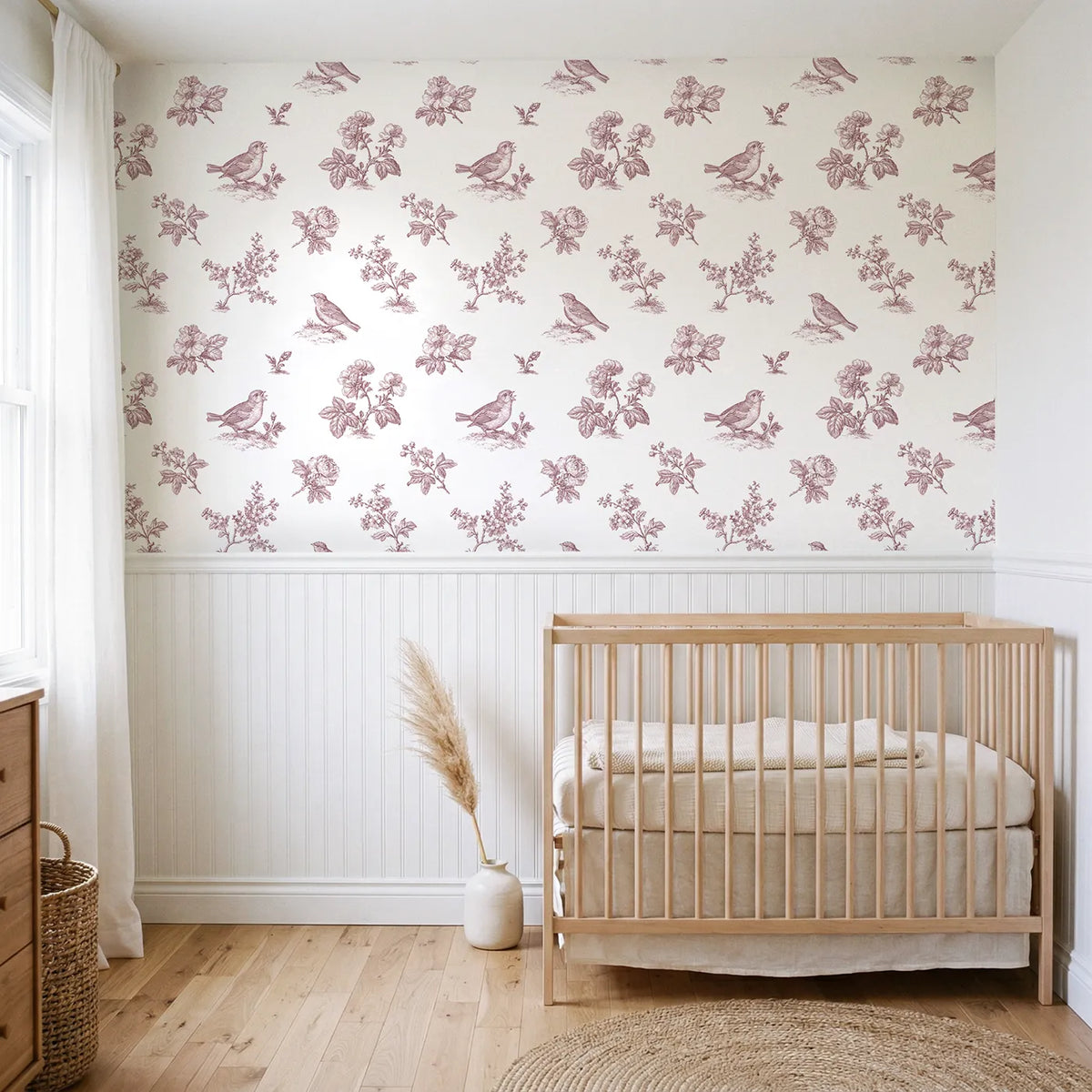 Blossom Toile Garden in Pink wallpaper above wainscoting - Whimsy Tots