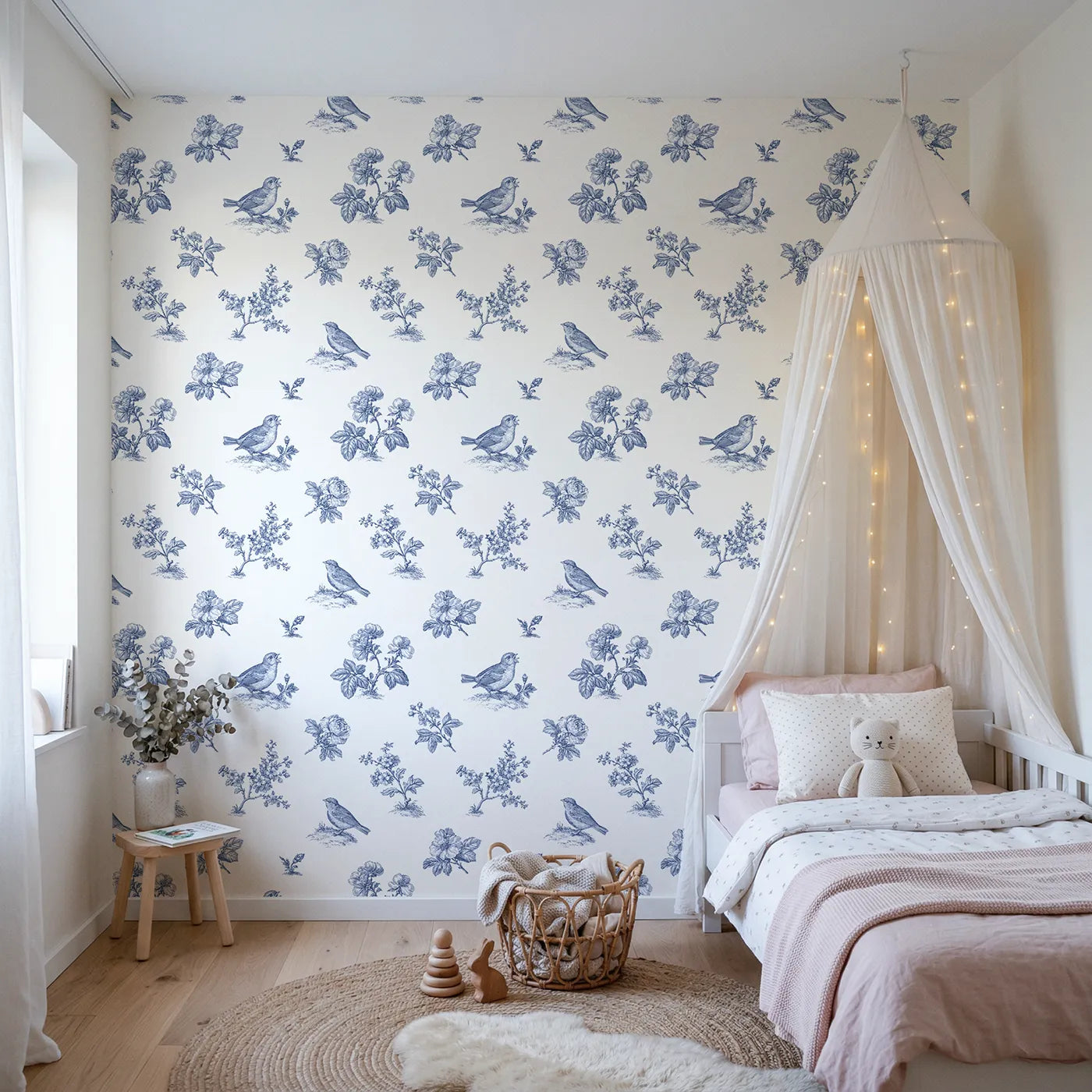 Blossom Toile Garden wallpaper in a styled nursery - Whimsy Tots