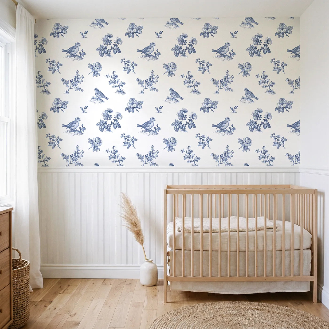 Blossom Toile Garden wallpaper above wainscoting - Whimsy Tots