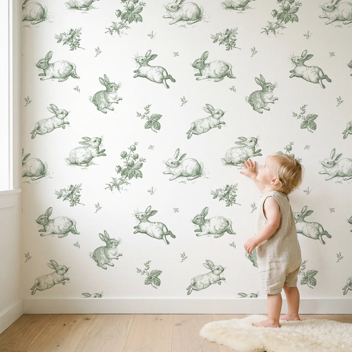 Bunny Toile Toss in Green wallpaper in a cozy kids room - Whimsy Tots