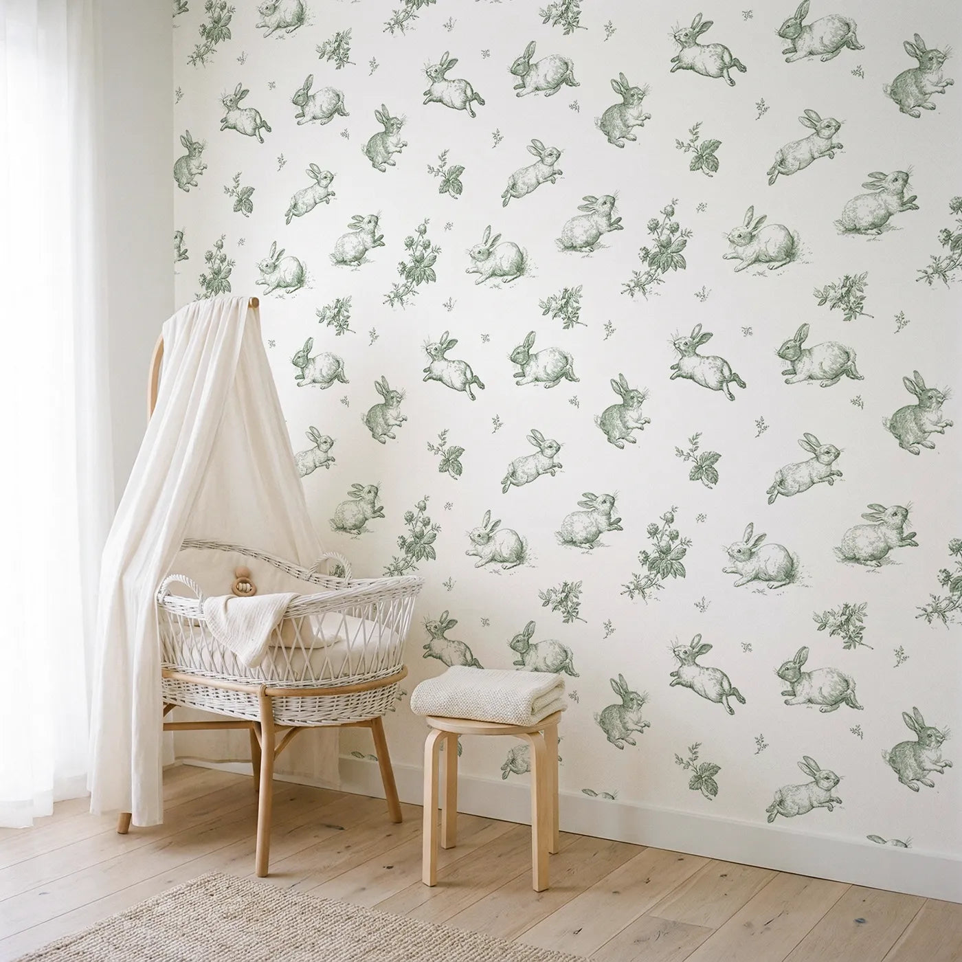Bunny Toile Toss in Green wallpaper in a styled nursery - Whimsy Tots