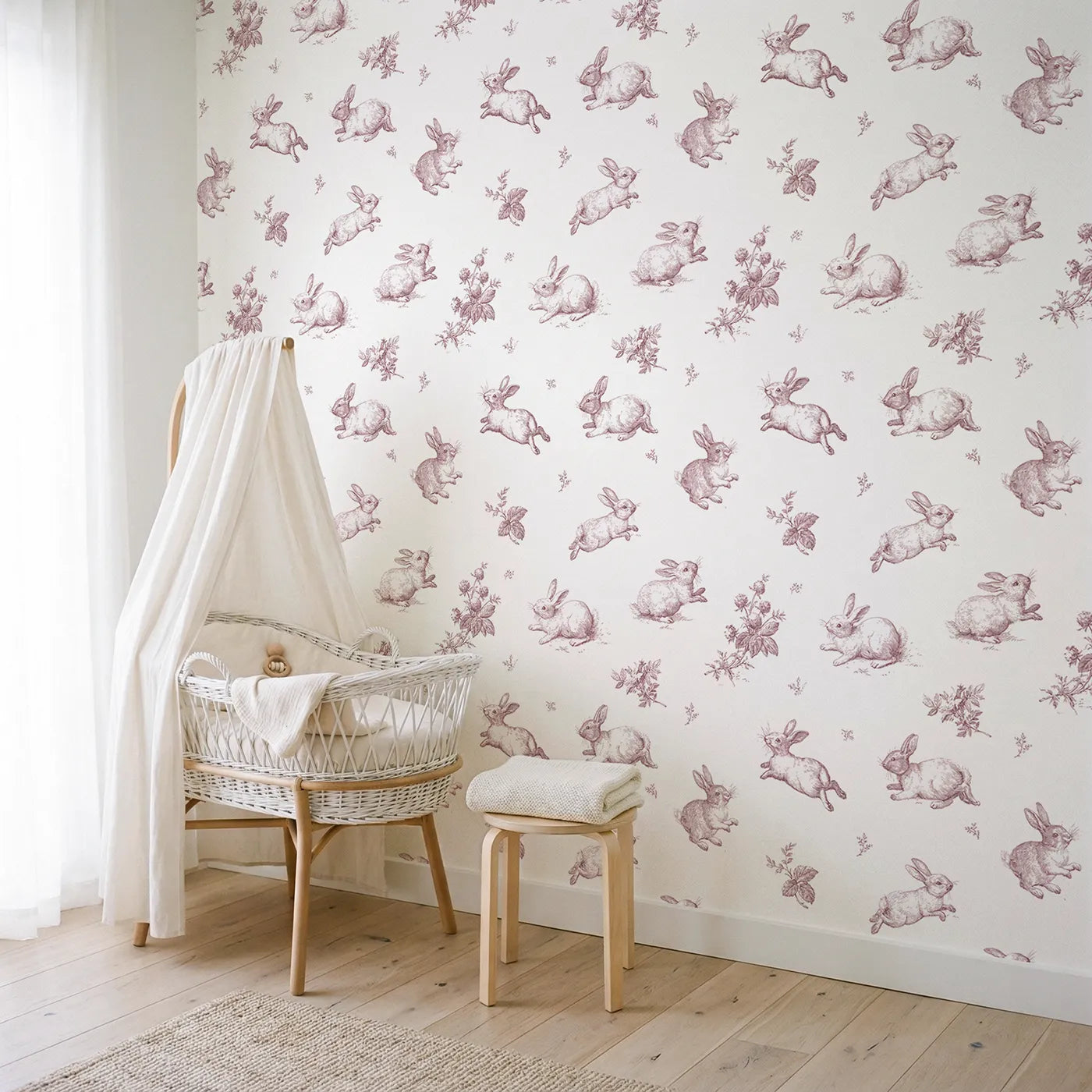 Bunny Toile Toss in Pink wallpaper in a styled nursery - Whimsy Tots