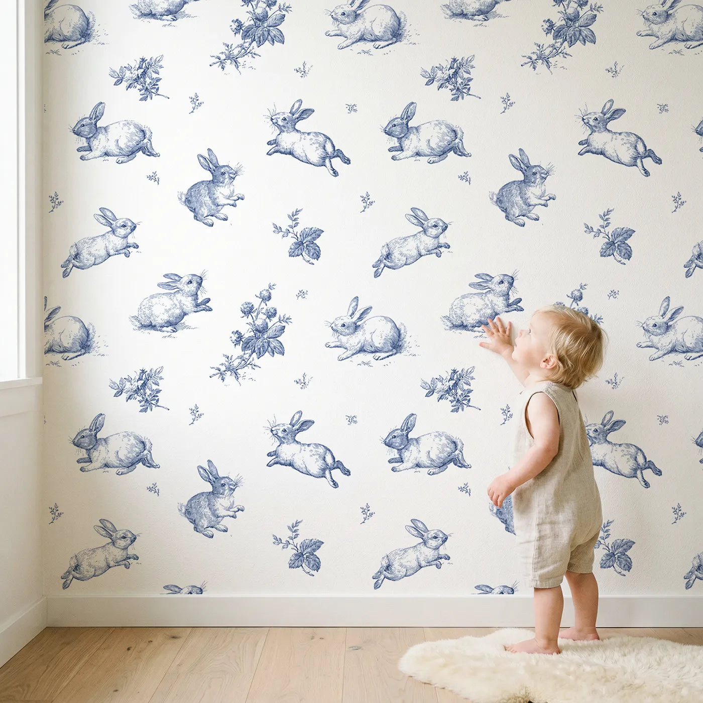 Bunny Toile Toss wallpaper in a cozy kids room - Whimsy Tots