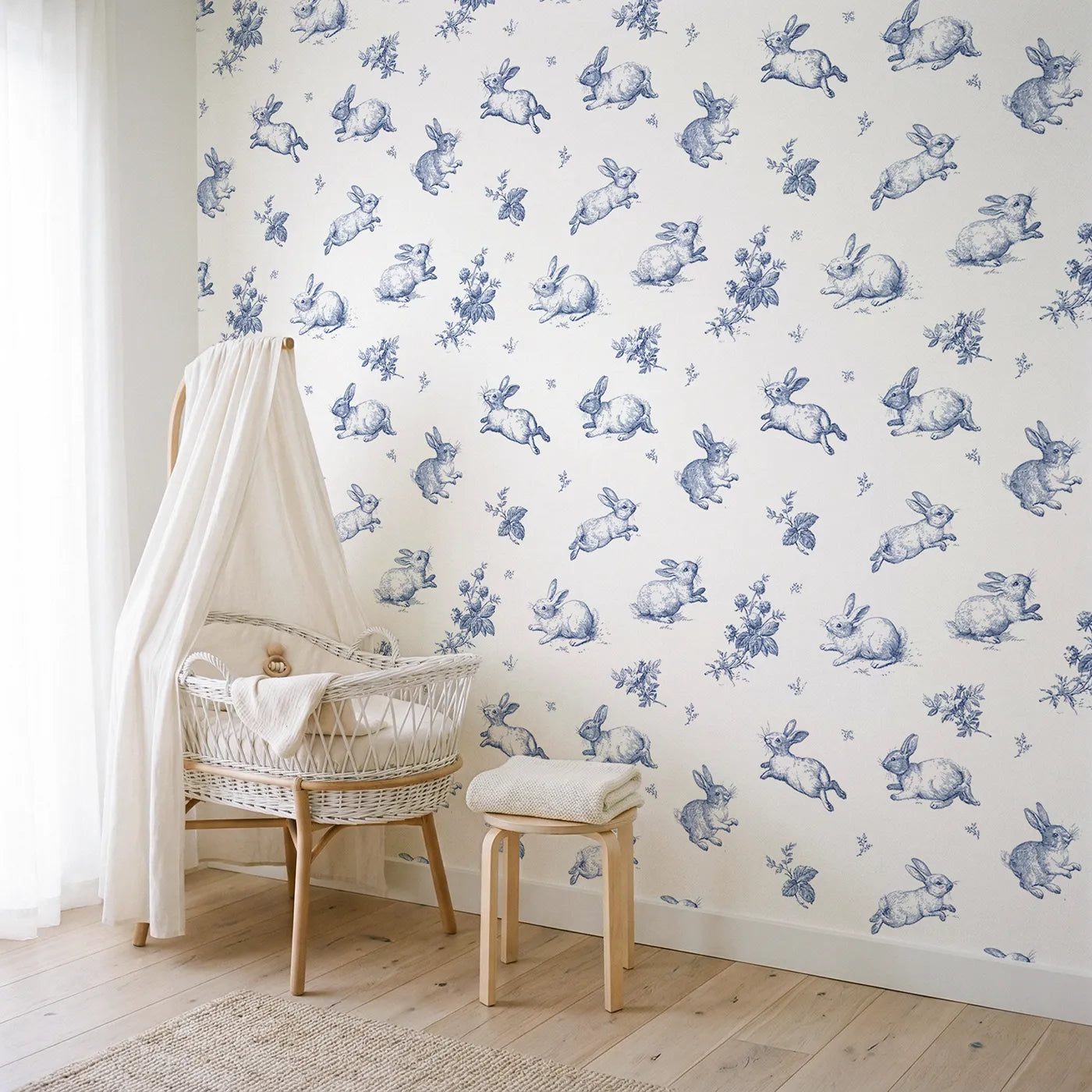 Bunny Toile Toss wallpaper in a styled nursery - Whimsy Tots