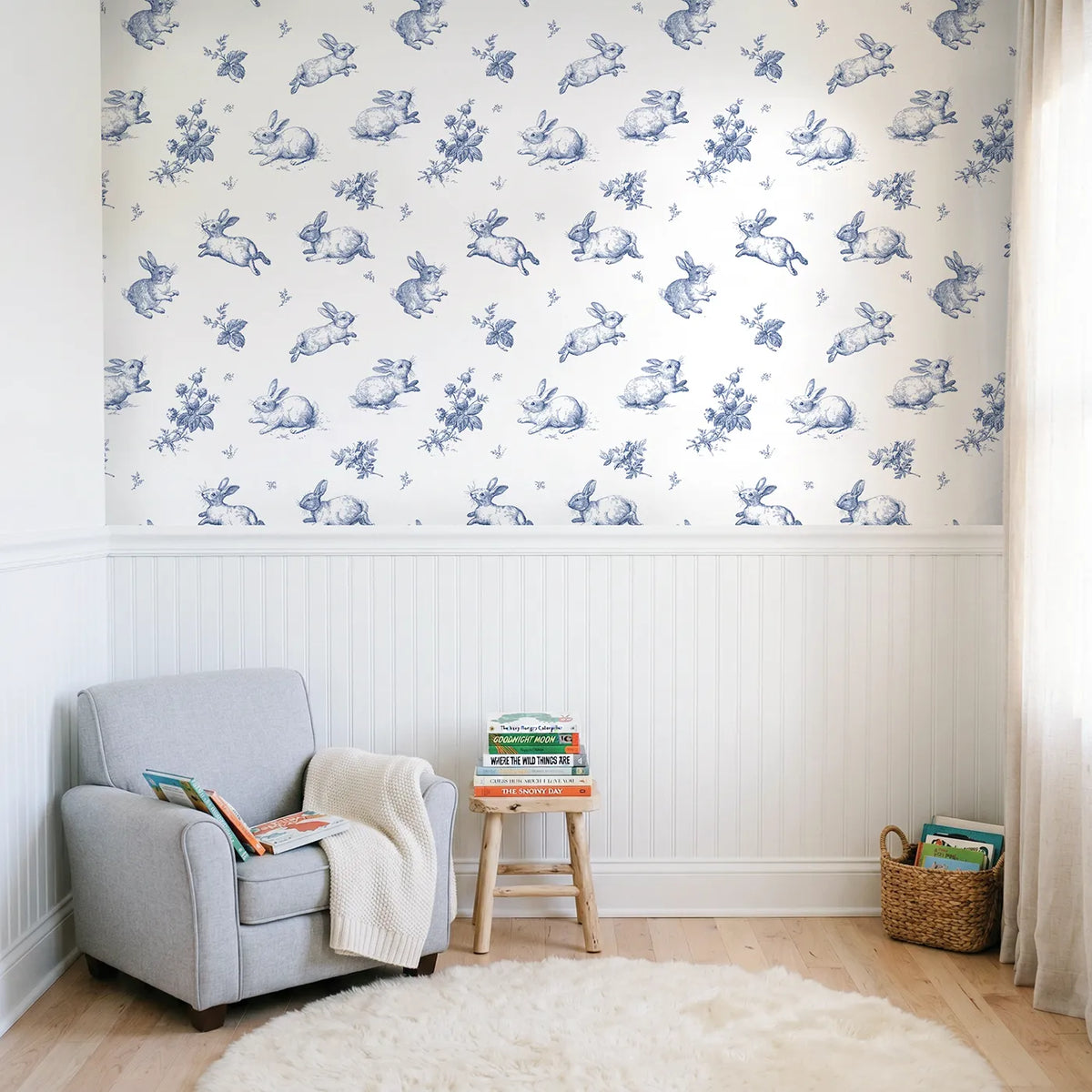 Bunny Toile Toss wallpaper above wainscoting - Whimsy Tots