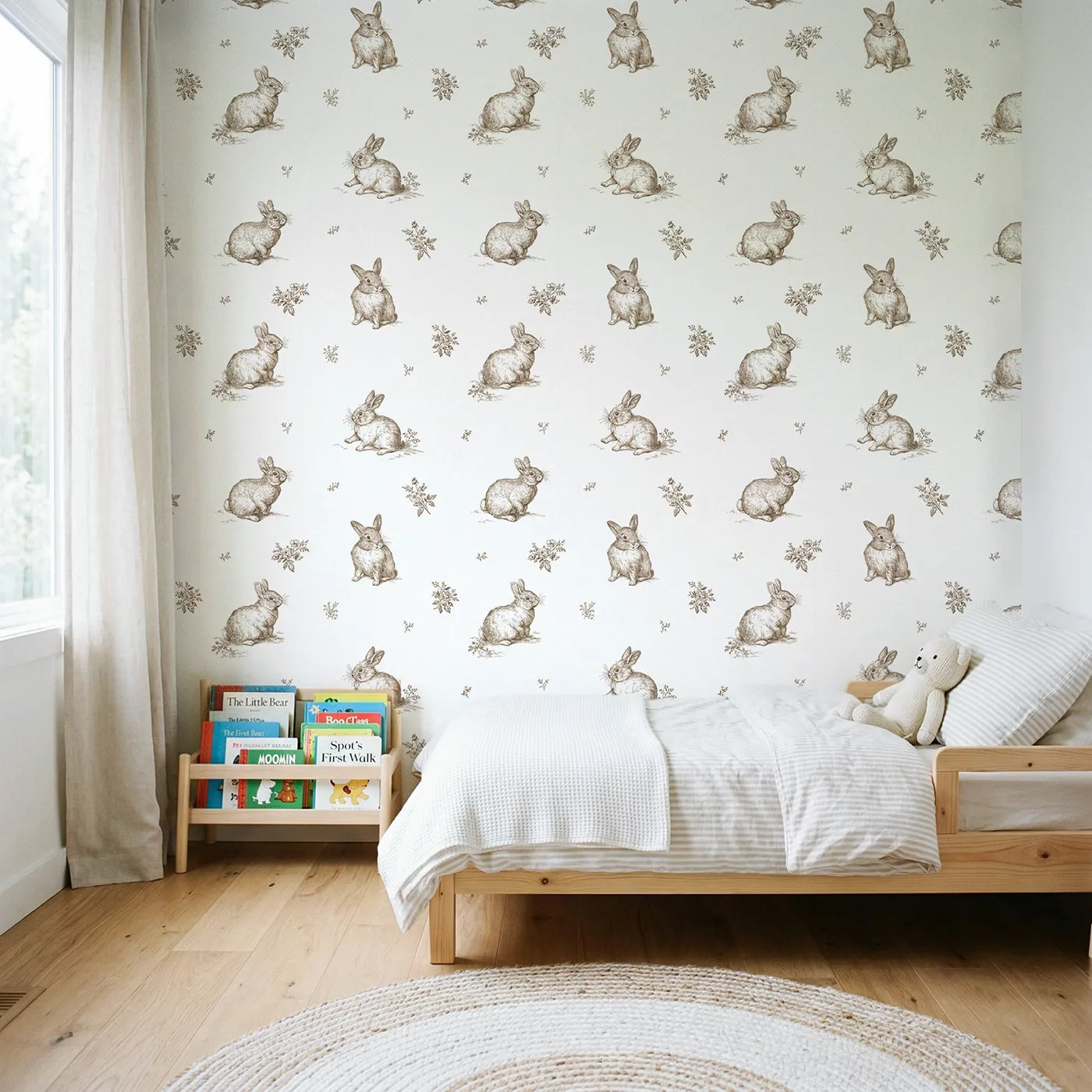 Bunny Toile Rows in Brown wallpaper in a styled nursery - Whimsy Tots