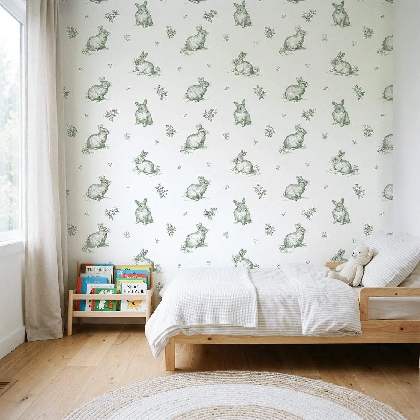 Bunny Toile Rows in Green wallpaper in a styled nursery - Whimsy Tots