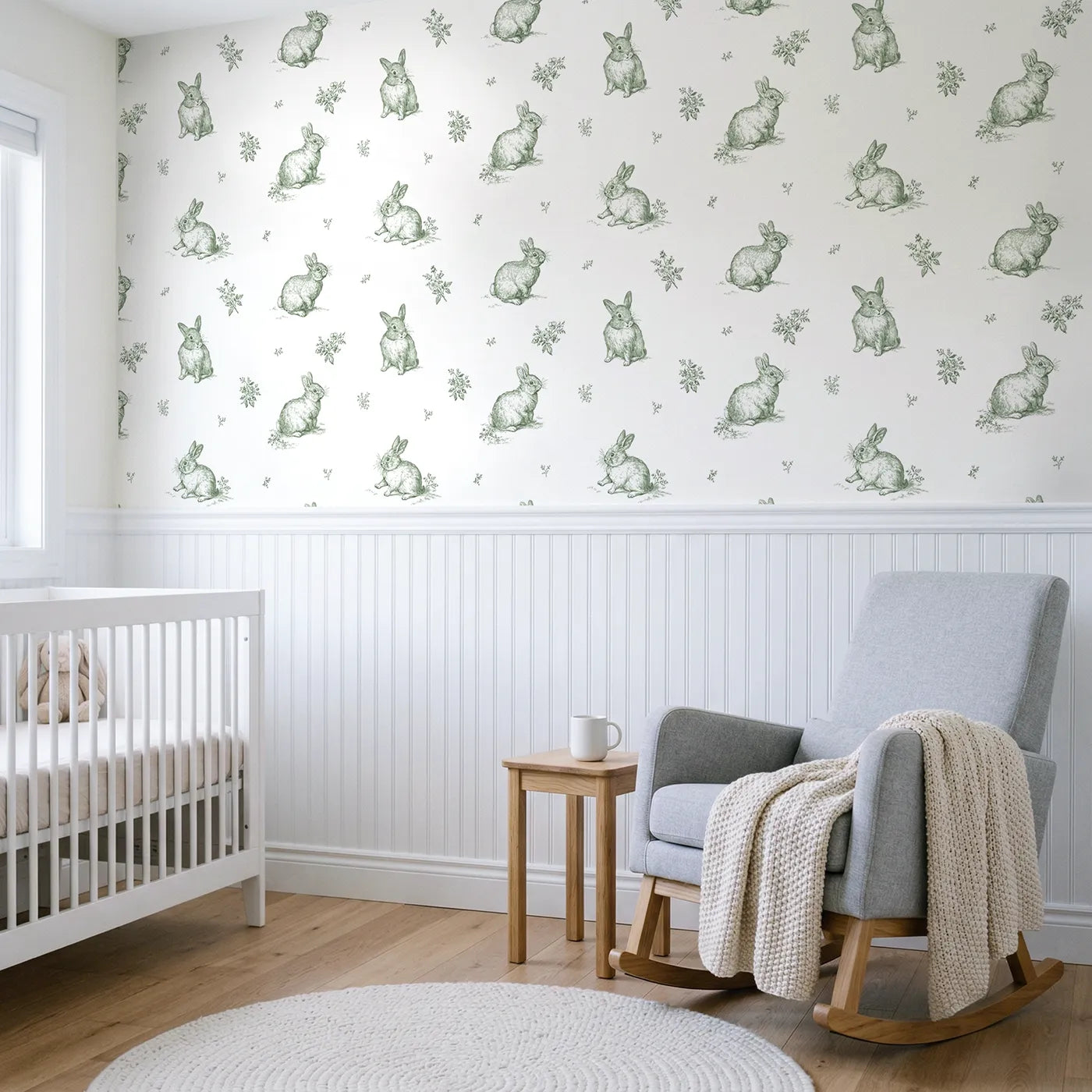 Bunny Toile Rows in Green wallpaper above wainscoting - Whimsy Tots