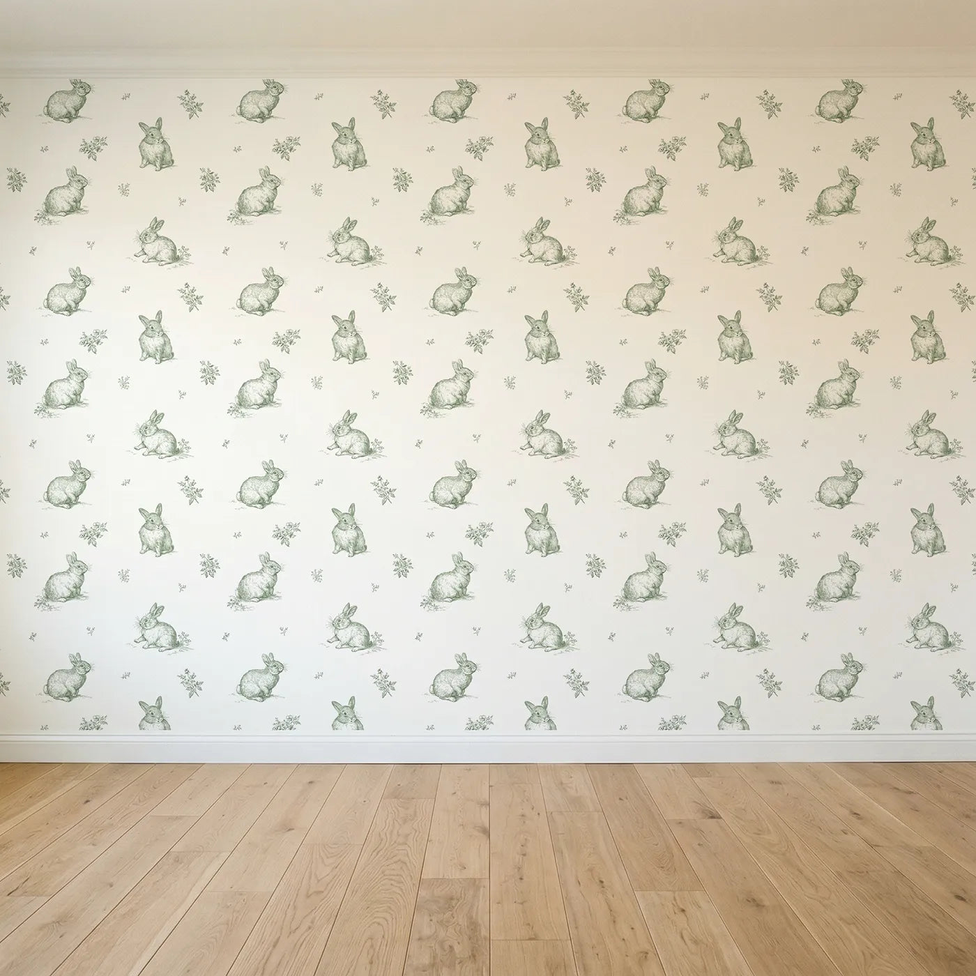 Bunny Toile Rows in Green seamless wallpaper full pattern - Whimsy Tots