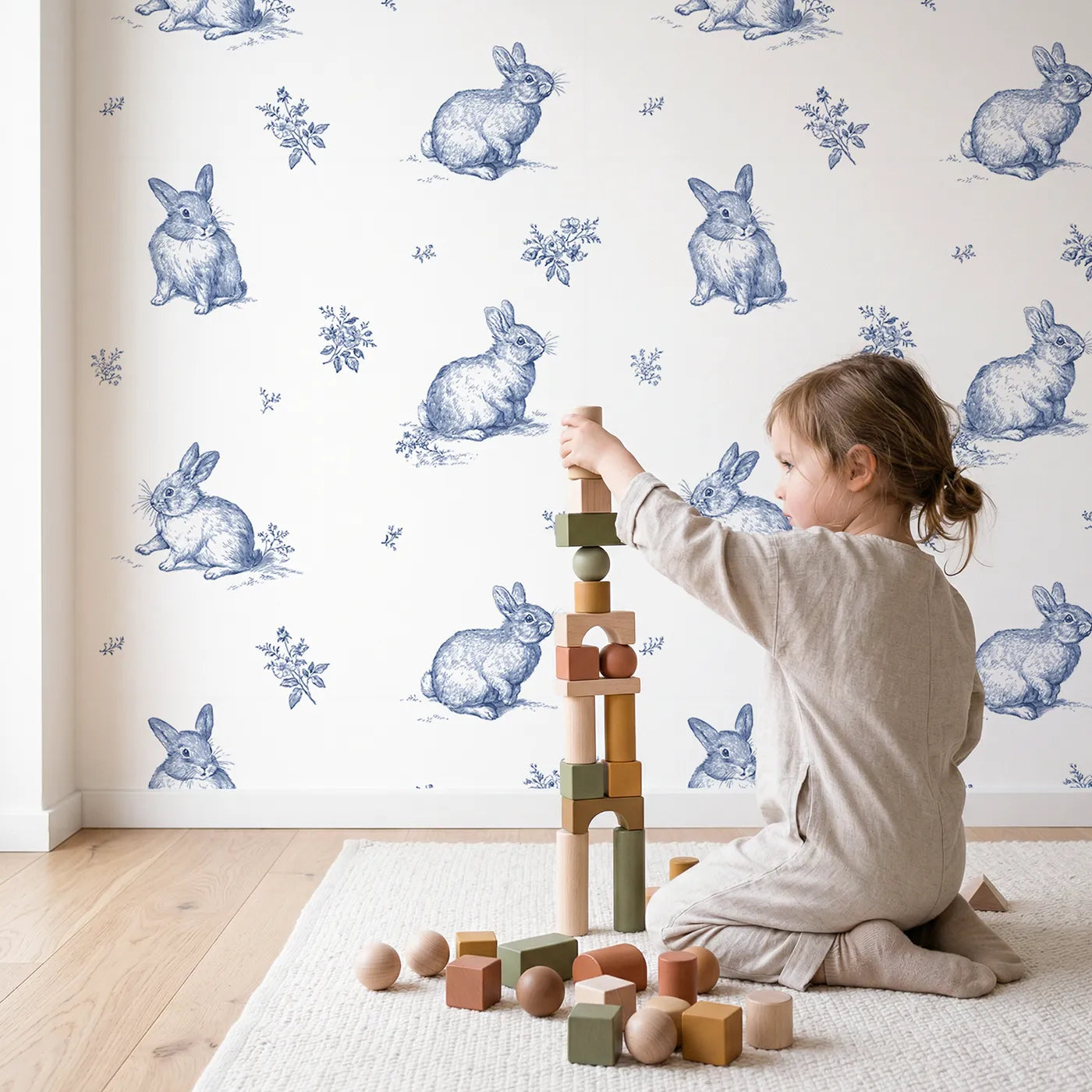Bunny Toile Rows wallpaper in a cozy kids room - Whimsy Tots