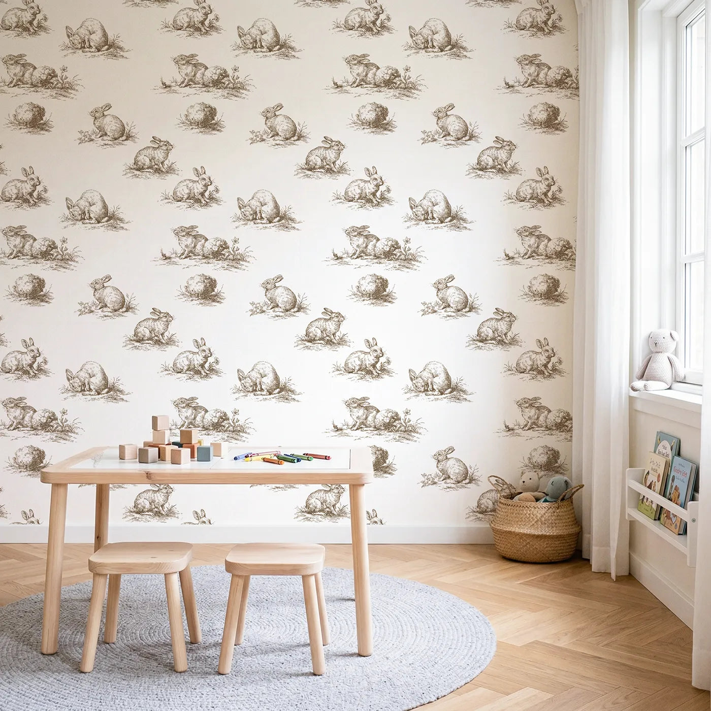 Bunny Toile Scene in Brown wallpaper in a styled nursery - Whimsy Tots